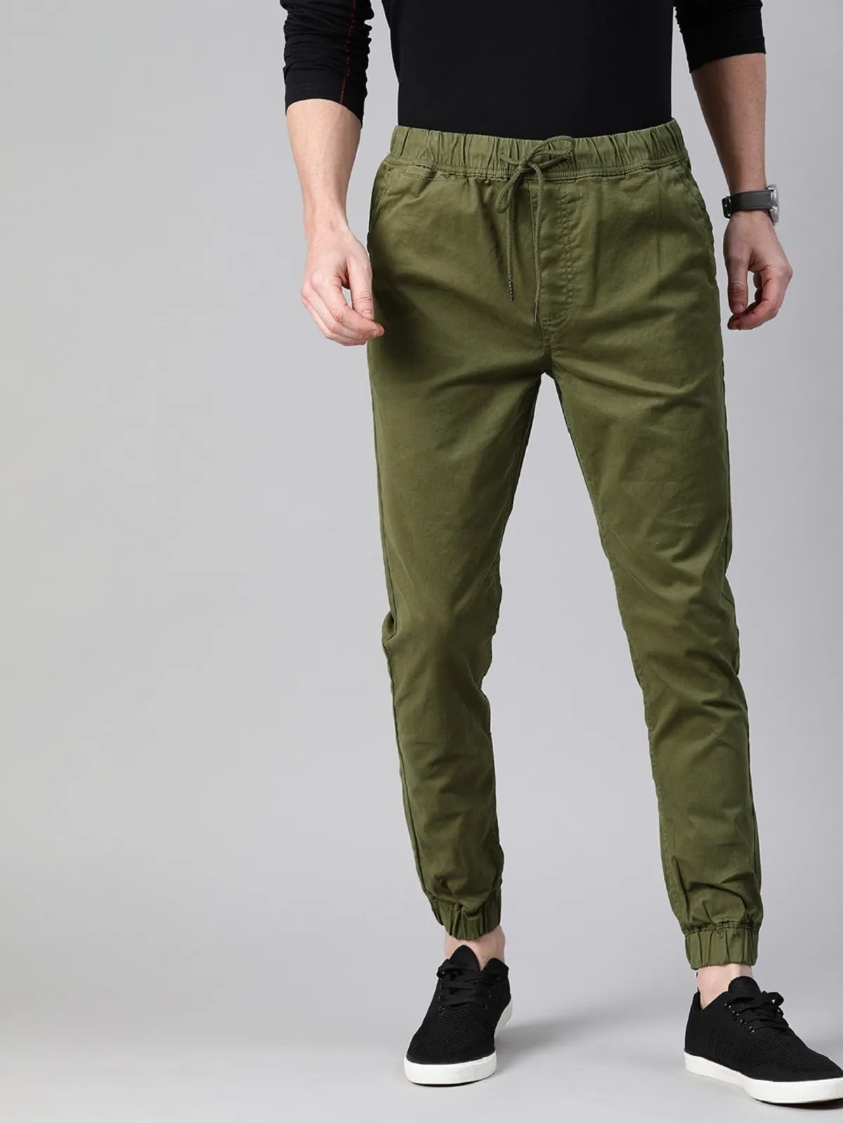 Olive Green Cotton Blend Solid Men’s Slim Fit Joggers