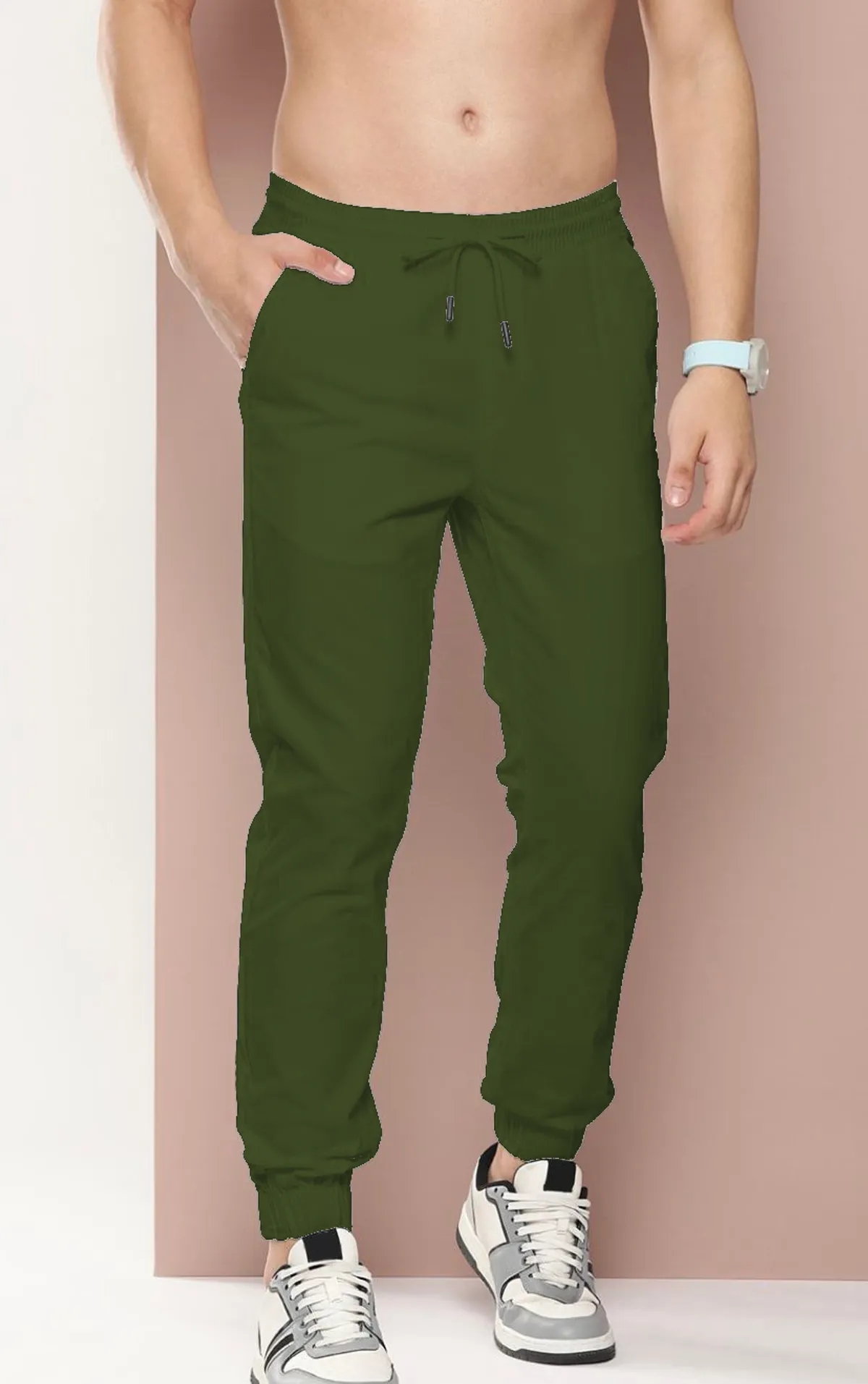 Olive Green Cotton Blend Solid Men’s Slim Fit Joggers