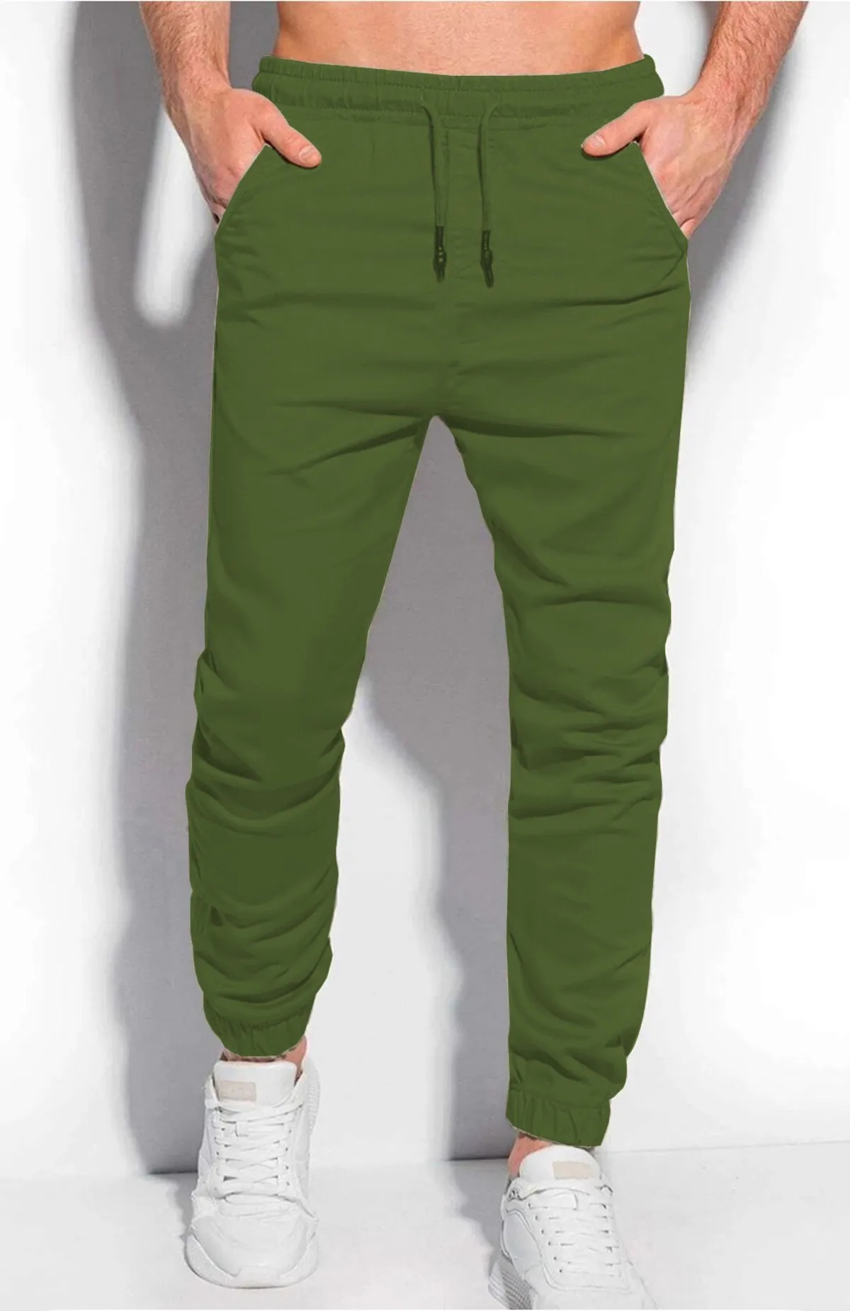 Olive Green Cotton Blend Solid Mens Slim Fit Joggers