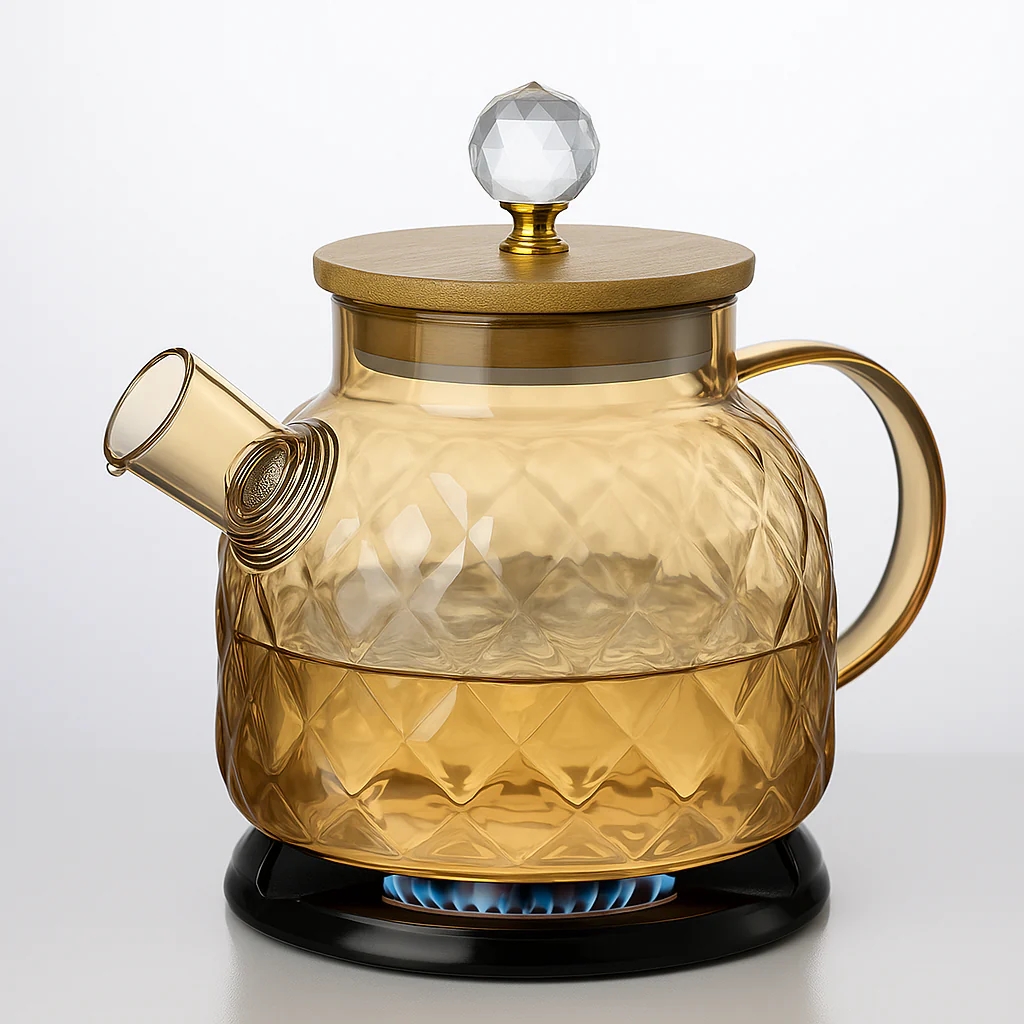 LA' VITE 1L Borosilicate Glass Kettle – Heat-Proof | Golden Stainless Steel Lid | Crystal Knob | 304 SS Strainer | Flame, Induction & Microwave Safe