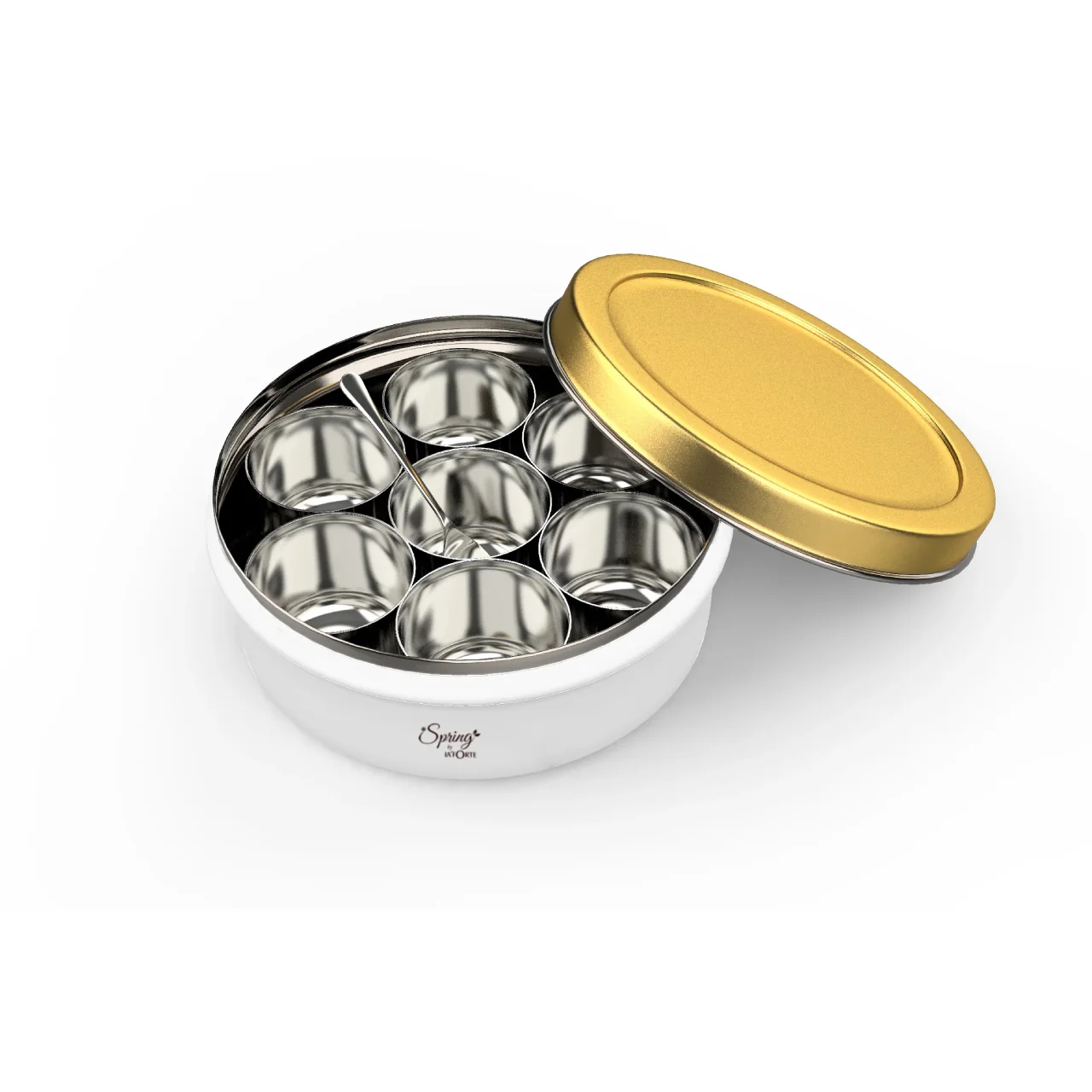 Stainless Steel Spice Box | Masala Dabba with 7 Mini Bowls & Spoon | Multipurpose Storage Container for Masala, Dry Fruits, Cookies & More (Beige-Gold / Black-Red)