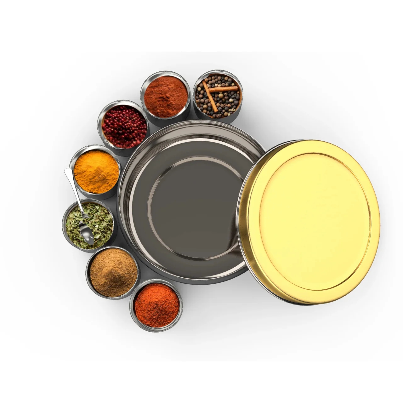 Stainless Steel Spice Box | Masala Dabba with 7 Mini Bowls & Spoon | Multipurpose Storage Container for Masala, Dry Fruits, Cookies & More (Beige-Gold / Black-Red)