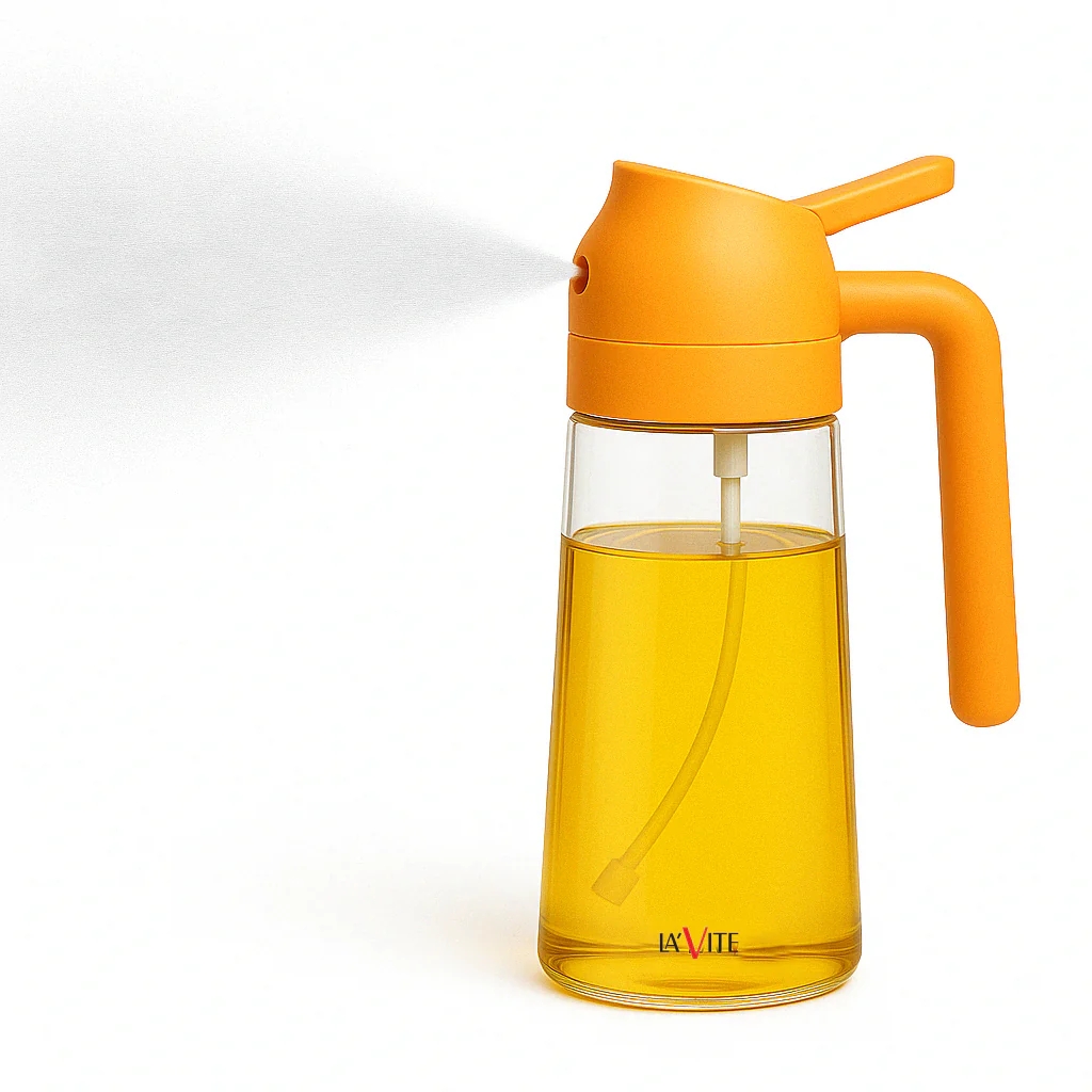 LA' VITE 2-in-1 Oil Dispenser Bottle – Glass Olive Oil Sprayer & Pourer with Flip-Top Lid