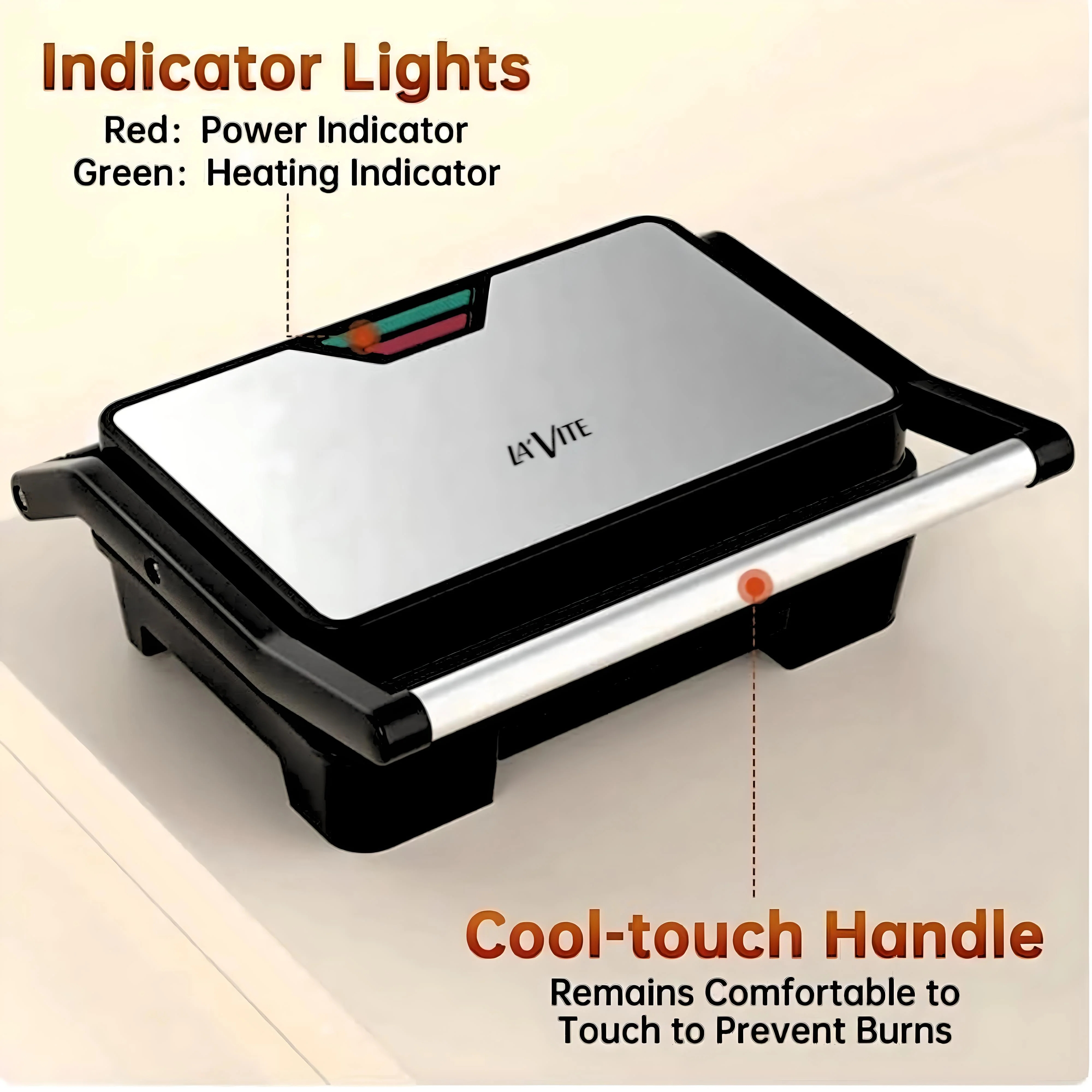 LA' VITE Heavy Duty Panini Grill Sandwich 850W Grill (Silver, Black)