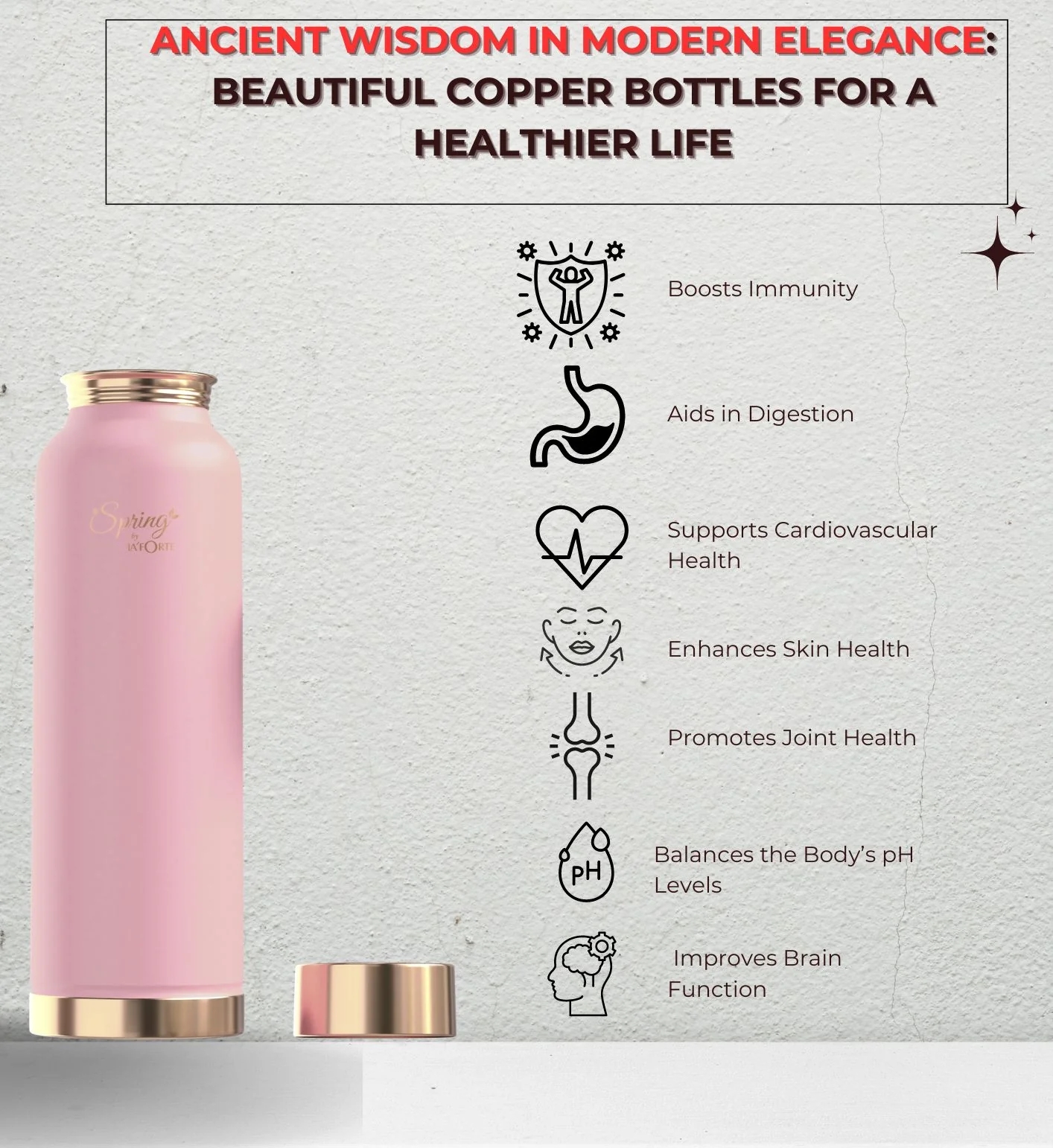 LA'FORTE Copper Water Bottle, Pure, 1000 ml (Apricot)