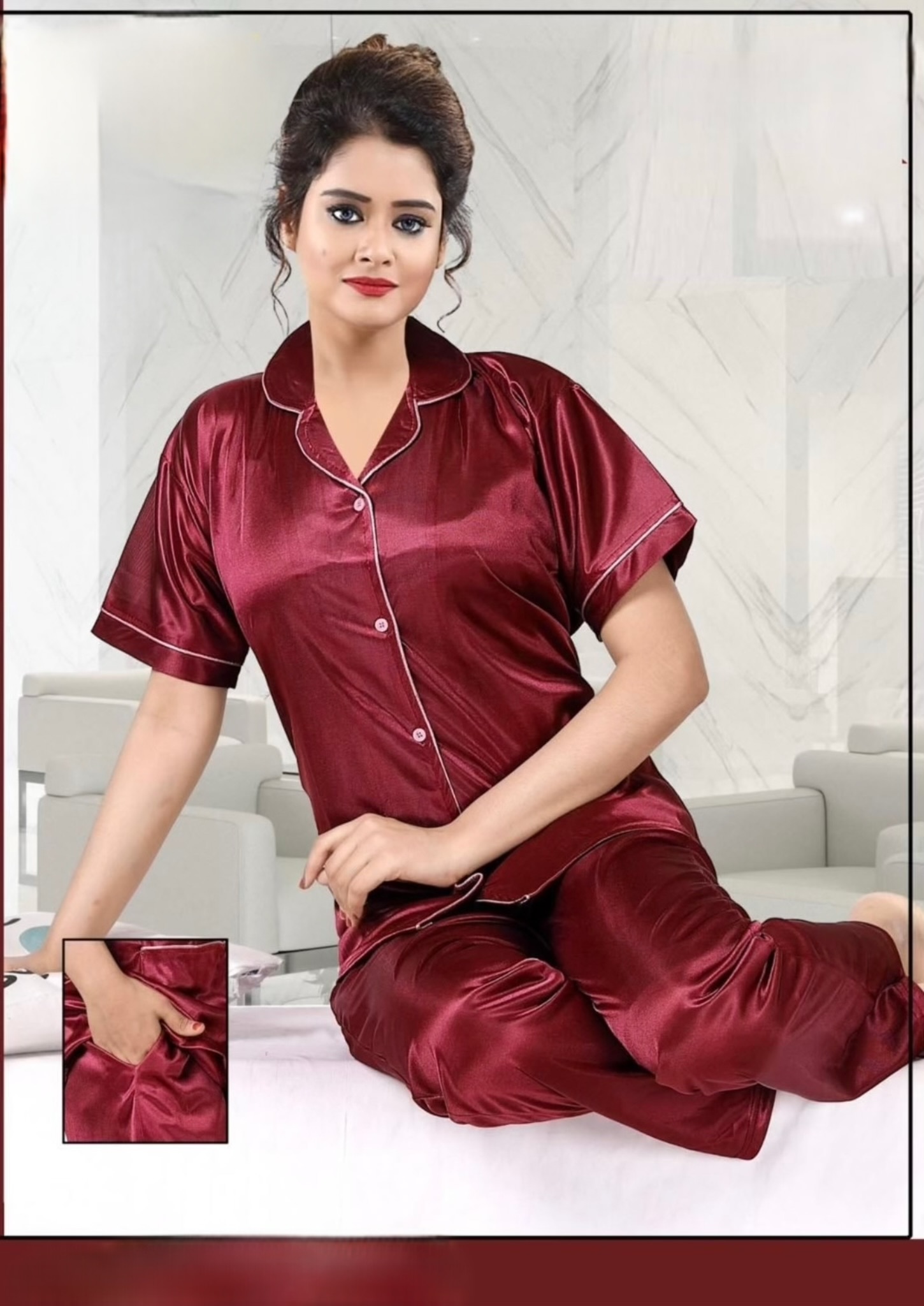 MAROON SATIN NIGHTSUIT