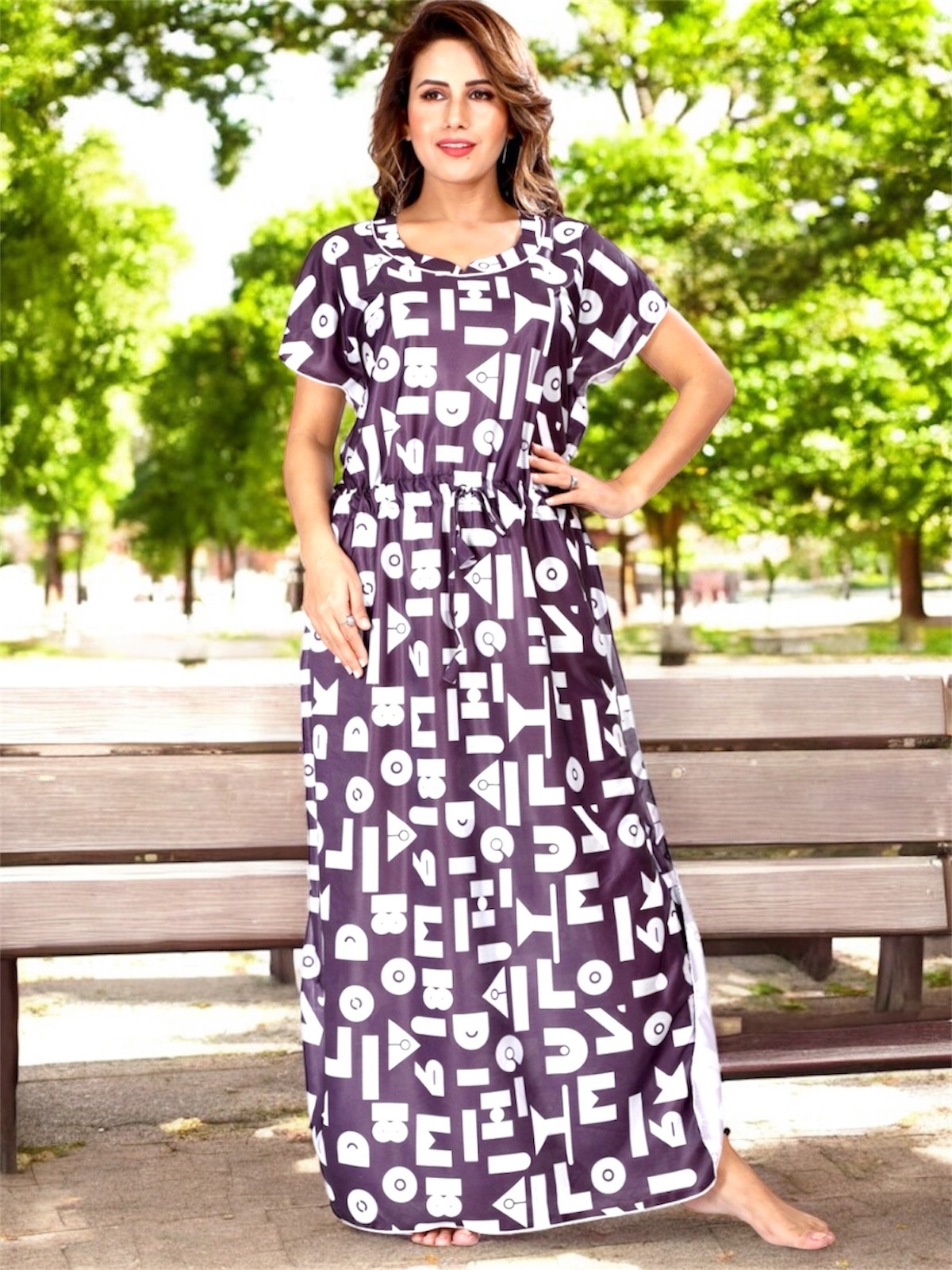 Premium Satin Nightgown – Abstract Print