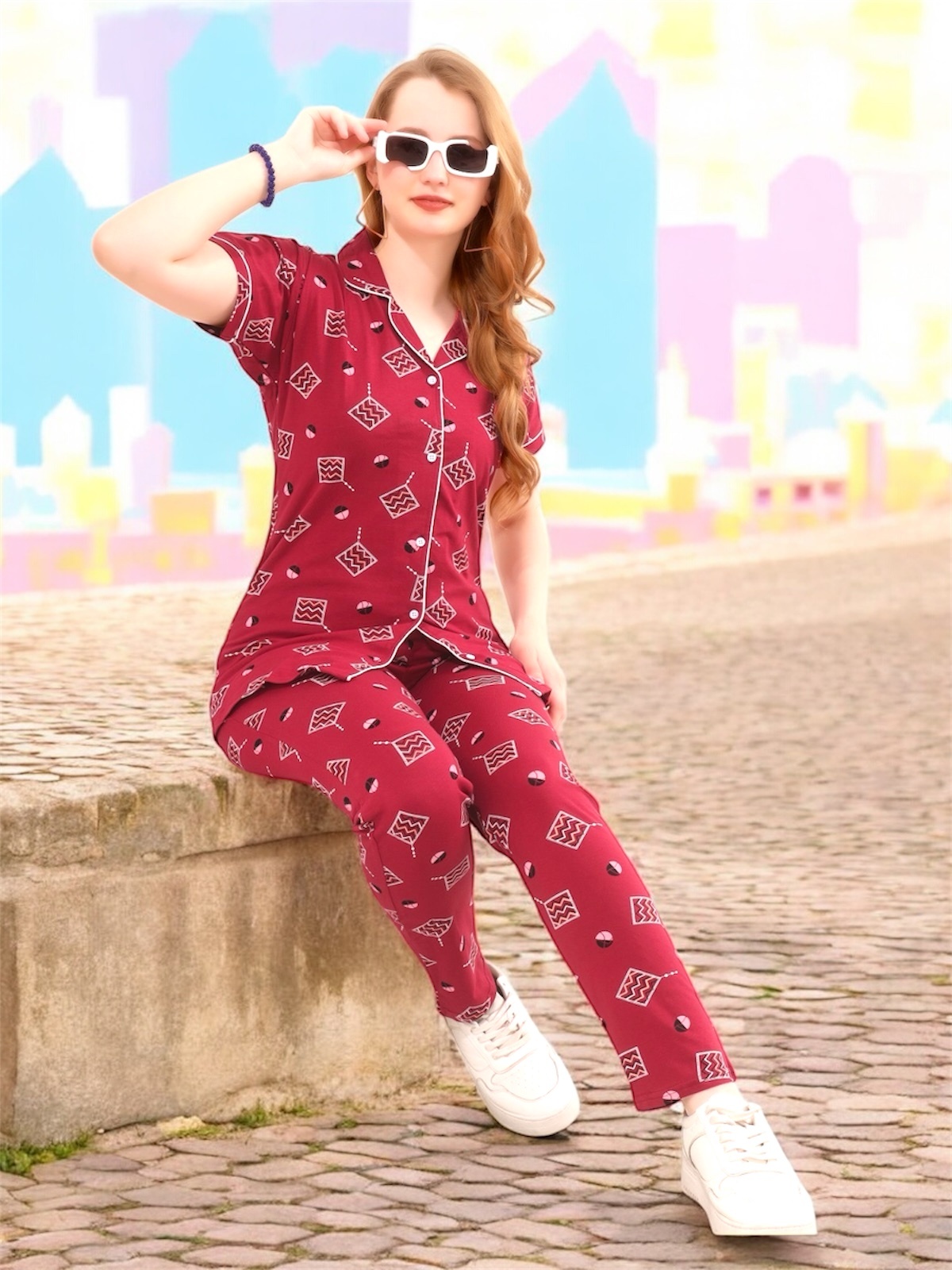 Premium Maroon Printed Lounge Wear