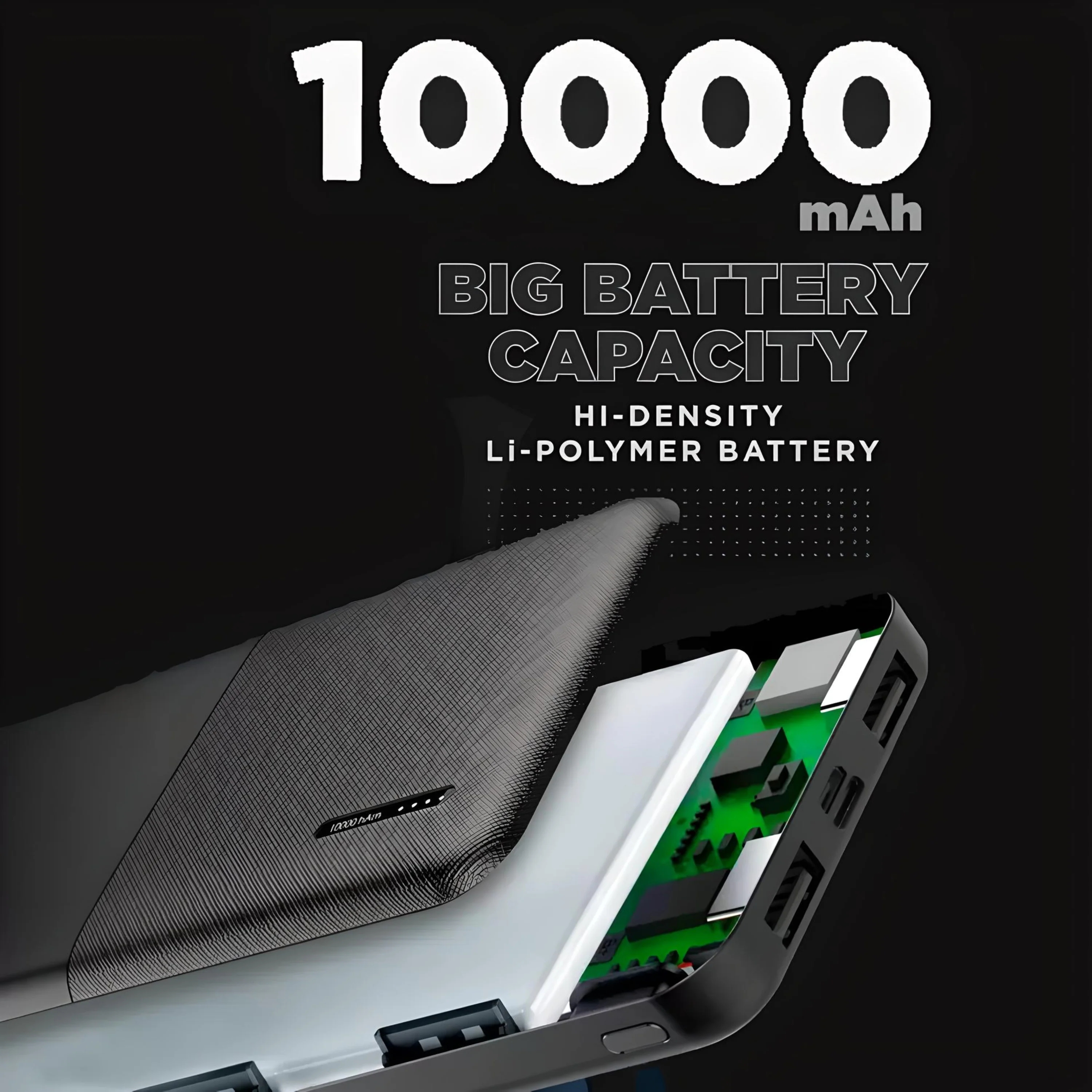 LA' FORTE 10000mAh 12W Lithium-Polymer Power Bank | Dual Input, Dual Output | Black, Type-C Cable Included