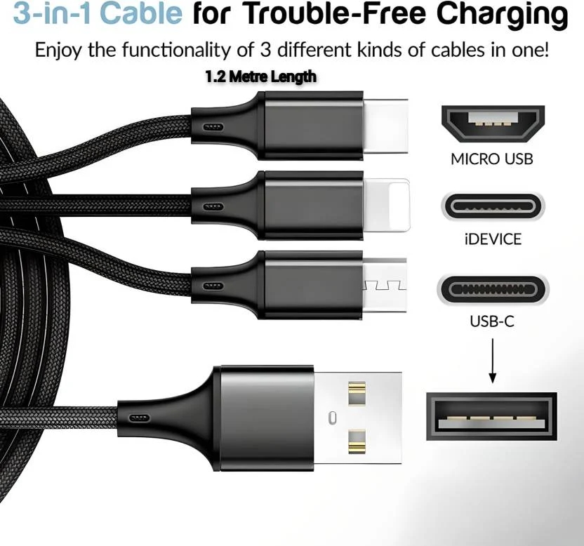 LA' FORTE Premium braided 3 in 1 Charging Cable (Micro, C & Iphone Connectors)