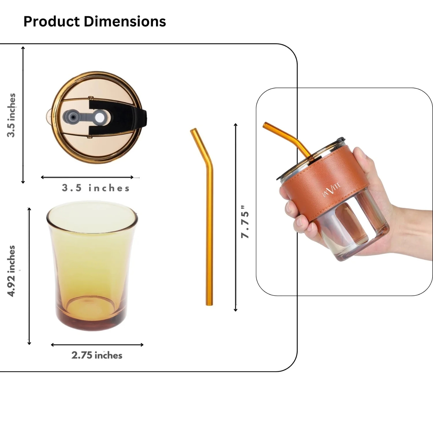 LA' FORTE Borosilicate Glass Tumbler | Leak-Proof Travel Cup | Glass Straw & Leather Jacket | Hot & Cold Beverages | Dual Drinking Mode - Sip & Straw
