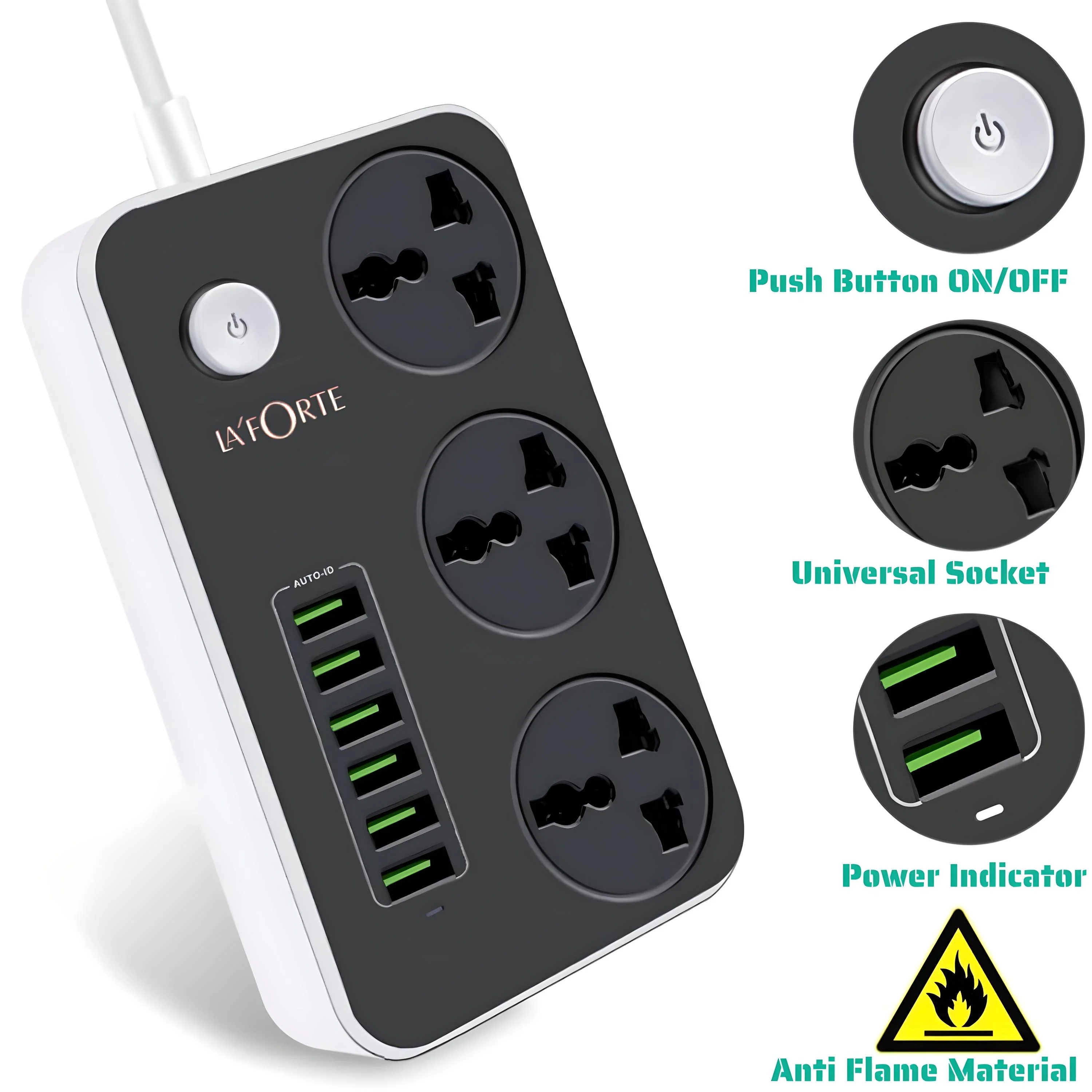 LA' FORTE Extension Board with 6 USB and 3 AC Outlets Power strip (1.65 mtr Long Wire)