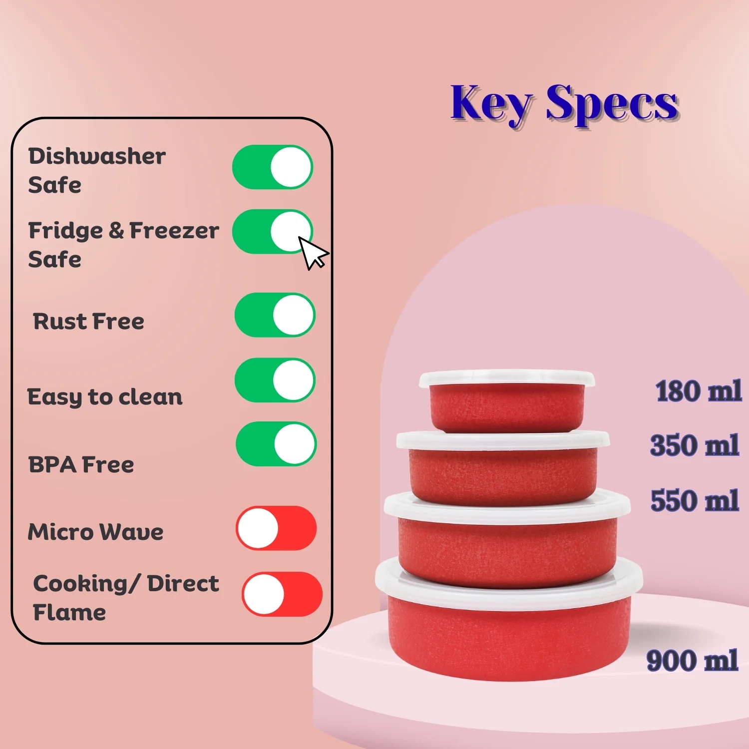 LA'FORTE Stainless Steel Utility Container - 800 ml, 550 ml, 350 ml, 180 ml
