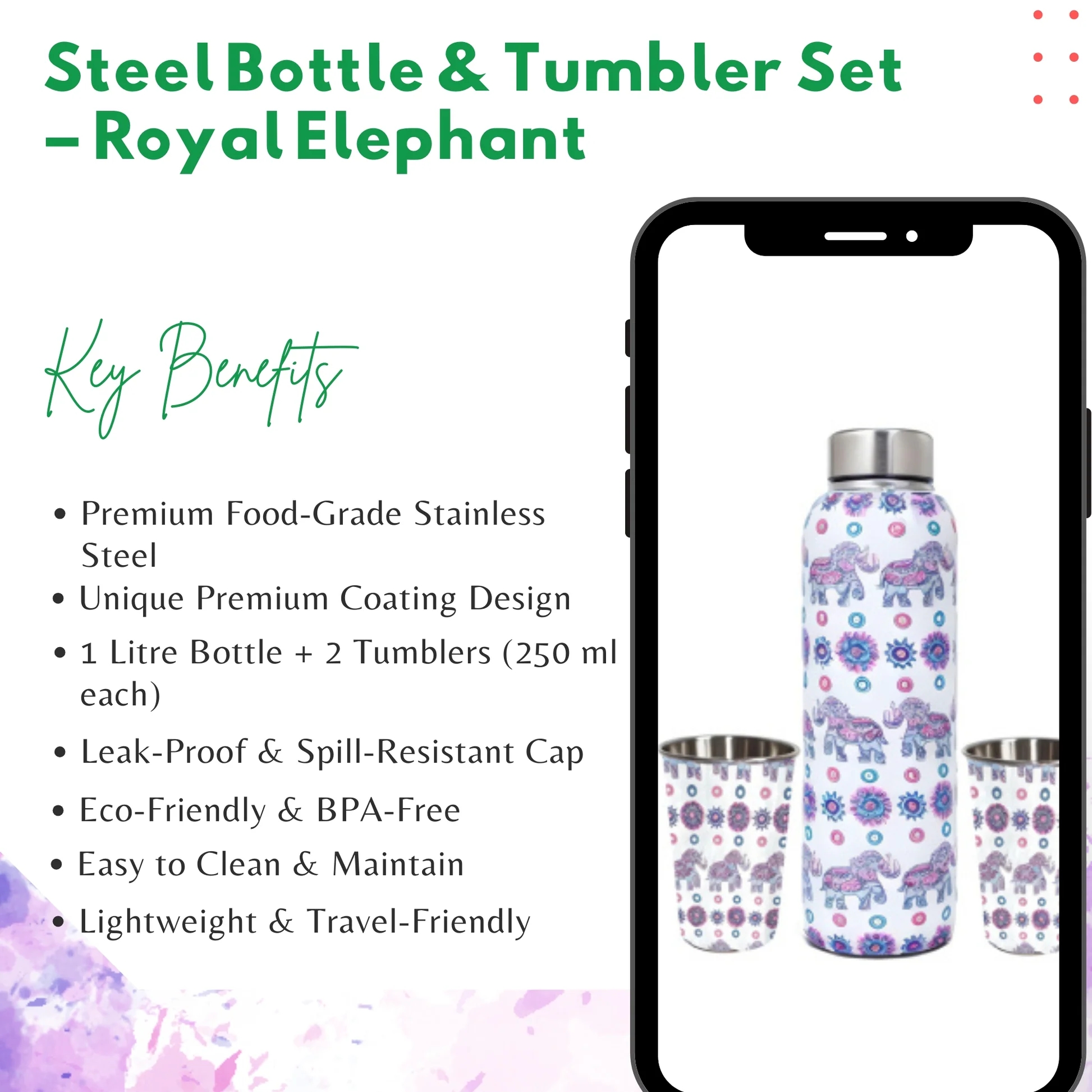 LA' FORTE Premium Stainless Steel Bottle & 02 Tumbler Set ( Water Bottle X 1000 ml ; 02 Glasses X 250 ml each)
