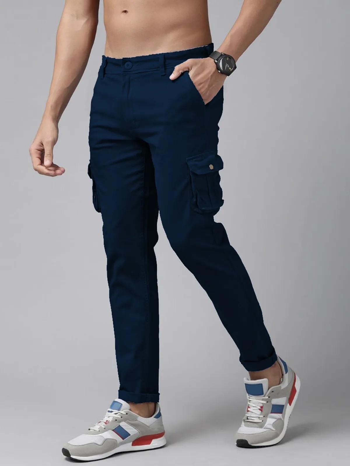 Dark Blue Cotton Blend Solid Mens Cargo