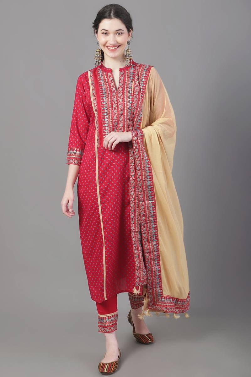 Women's Kurta Set With Trouser And Dupatta In Red Colour
