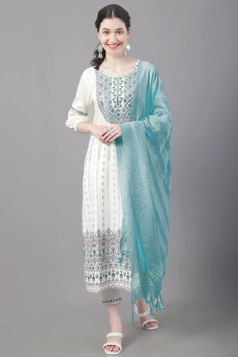 Women's Kurta Set With Palazzo And Dupatta In White Colour