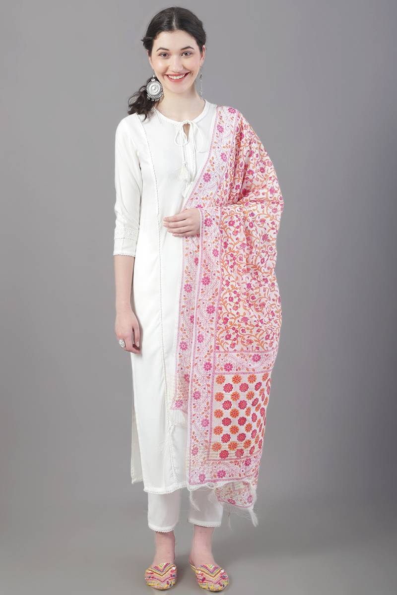 Women's Kurta Set With Palazzo And Dupatta In White Colour
