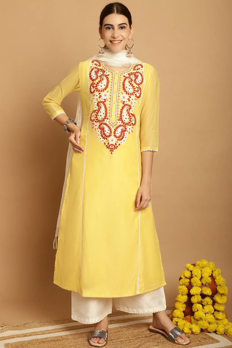 Women's Kurta Set With Palazzo And Dupatta In Yellow Colour