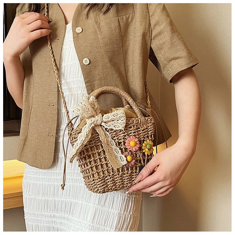 Howkly Summer Woven Bag Fashion Simple All-Match Flowers Cute Mini Handbag