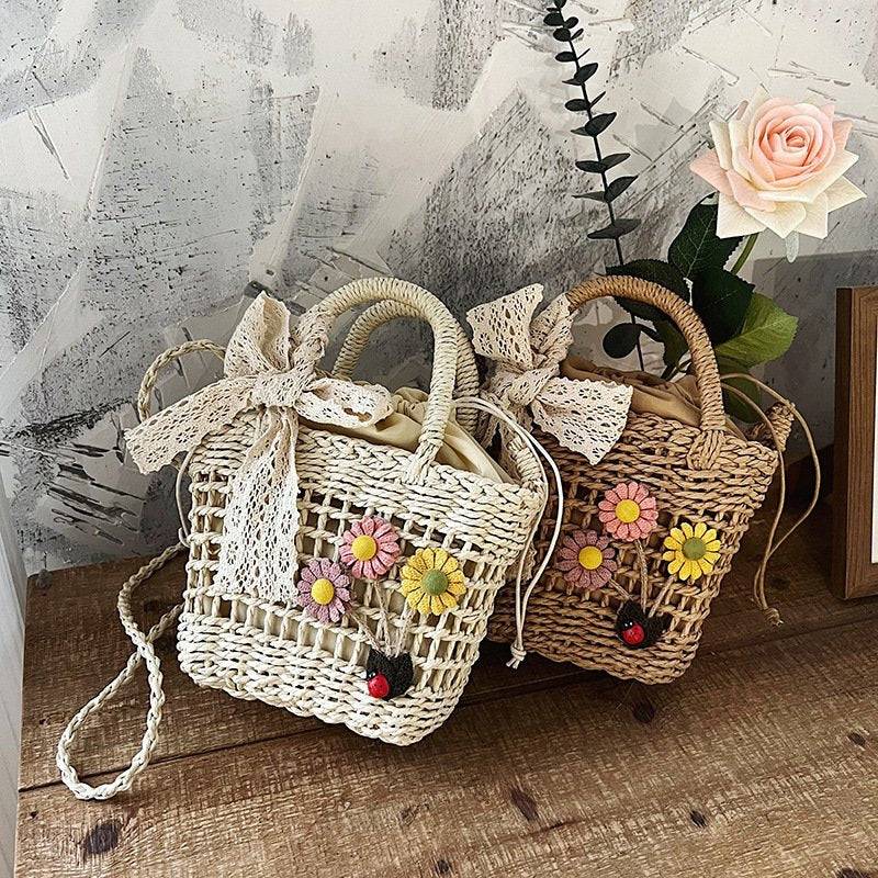 Howkly Summer Woven Bag Fashion Simple All-Match Flowers Cute Mini Handbag