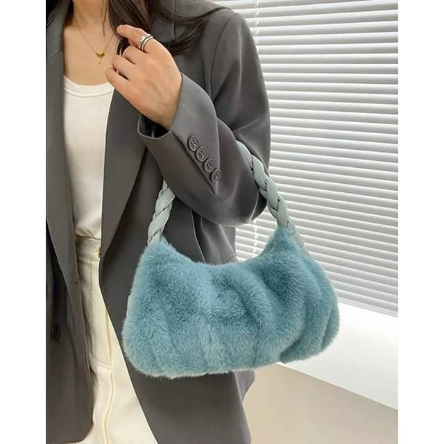 Howkly Cozy Fuffy Faux Fur Plush Trendy Quilted Casual bag