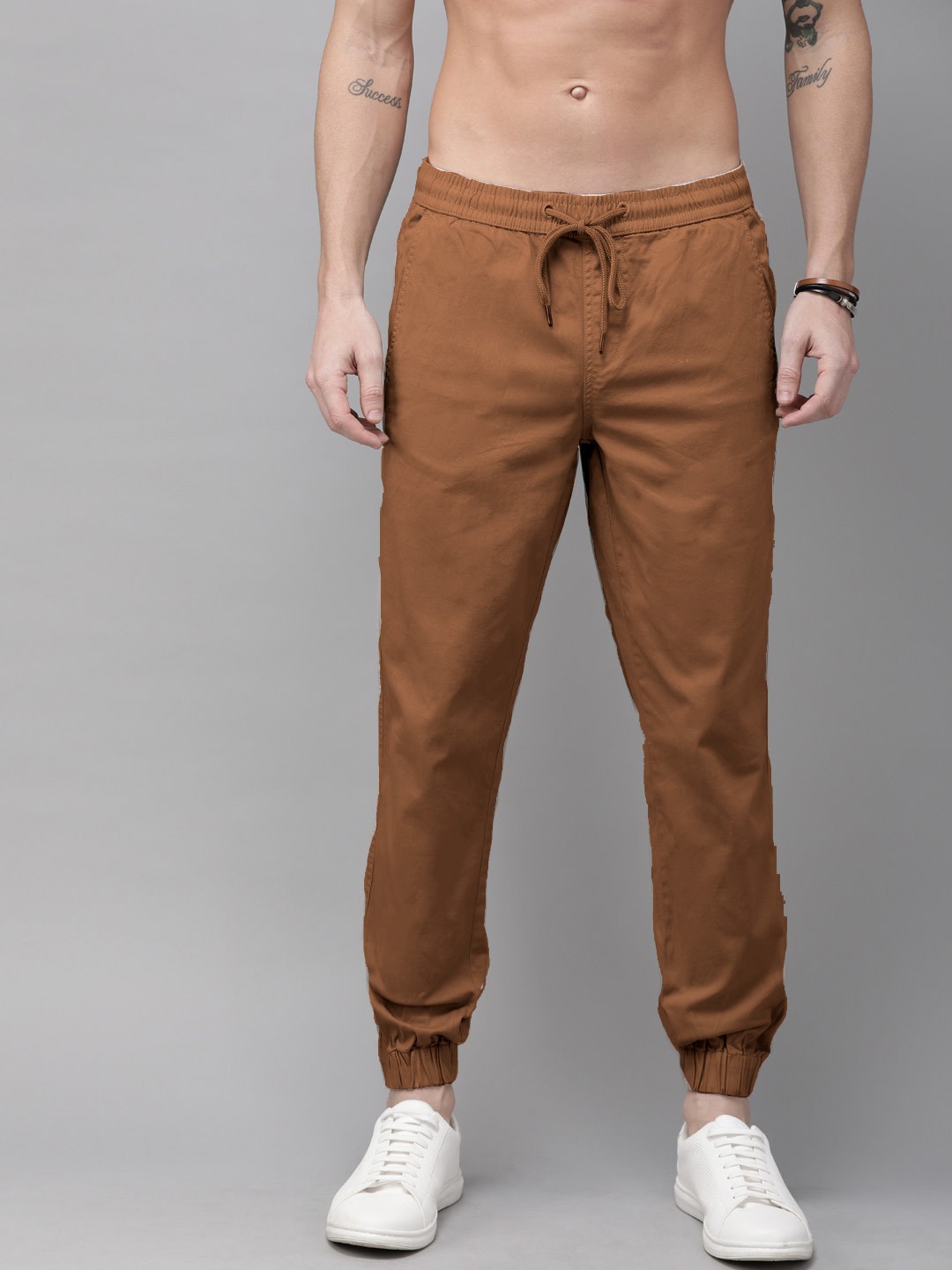Khaki Cotton Blend Solid Mens slim fit  Joggers