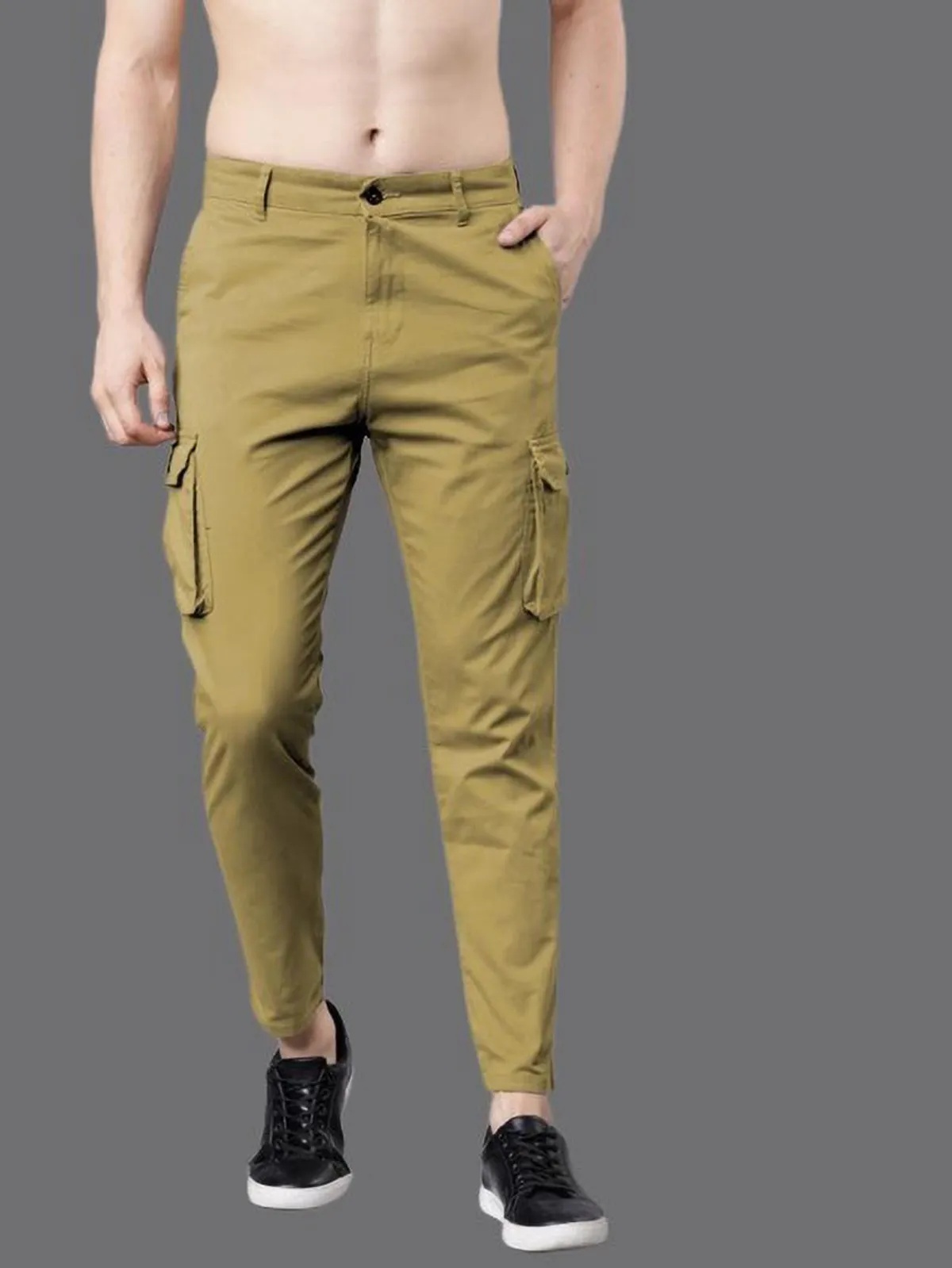 Cream Cotton Blend Solid Mens Slim Fit Cargo