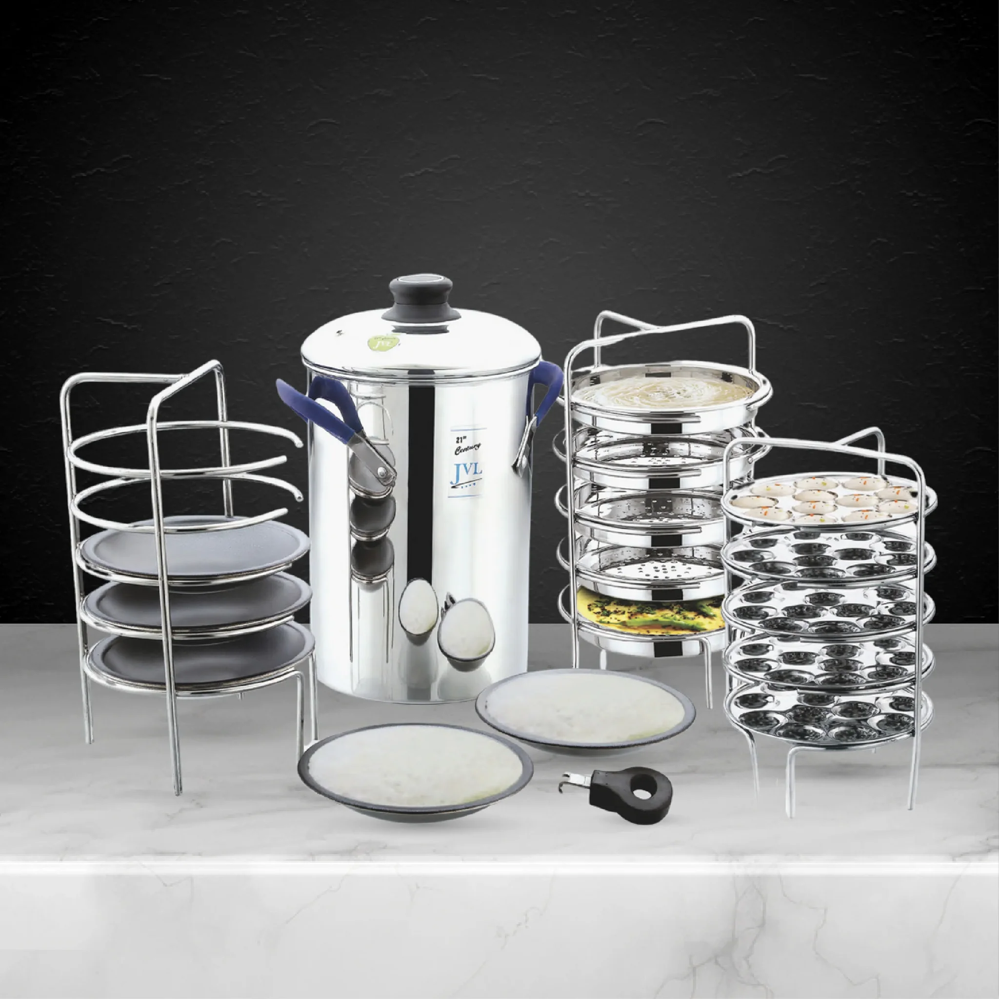 JVL Stainless Steel multi purpose Thatte Idly, Idiyappam/Dhokla, and Mini Idly Maker (Full Set) – Includes 1 Idly Cooker, 5 Thatte Idly Plates, 5 Idiyappam/Dhokla Plates, 5 Mini Idly Plates
