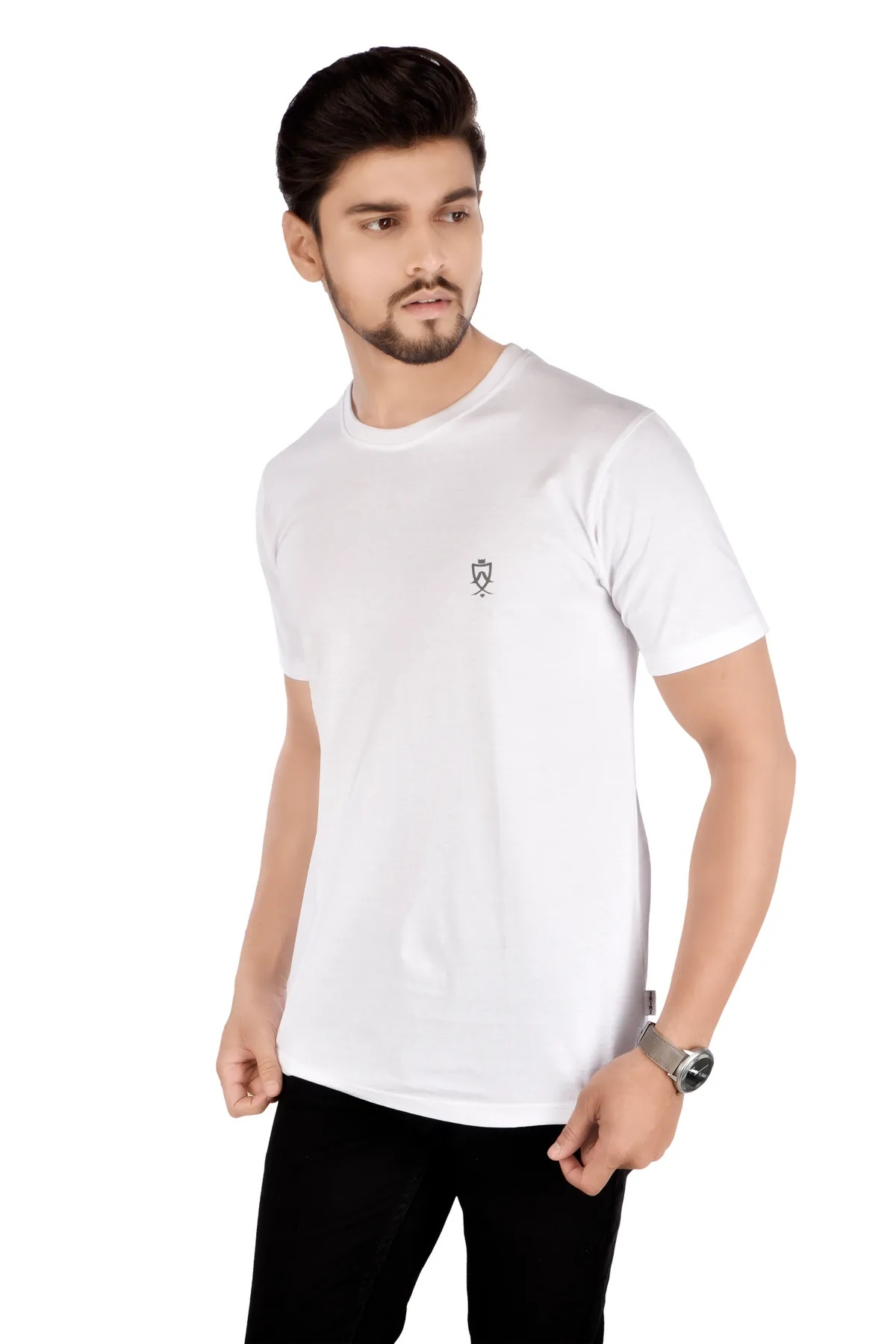 White Solid Cotton Blend Round Neck Half Sleeve T‑Shirt for Men