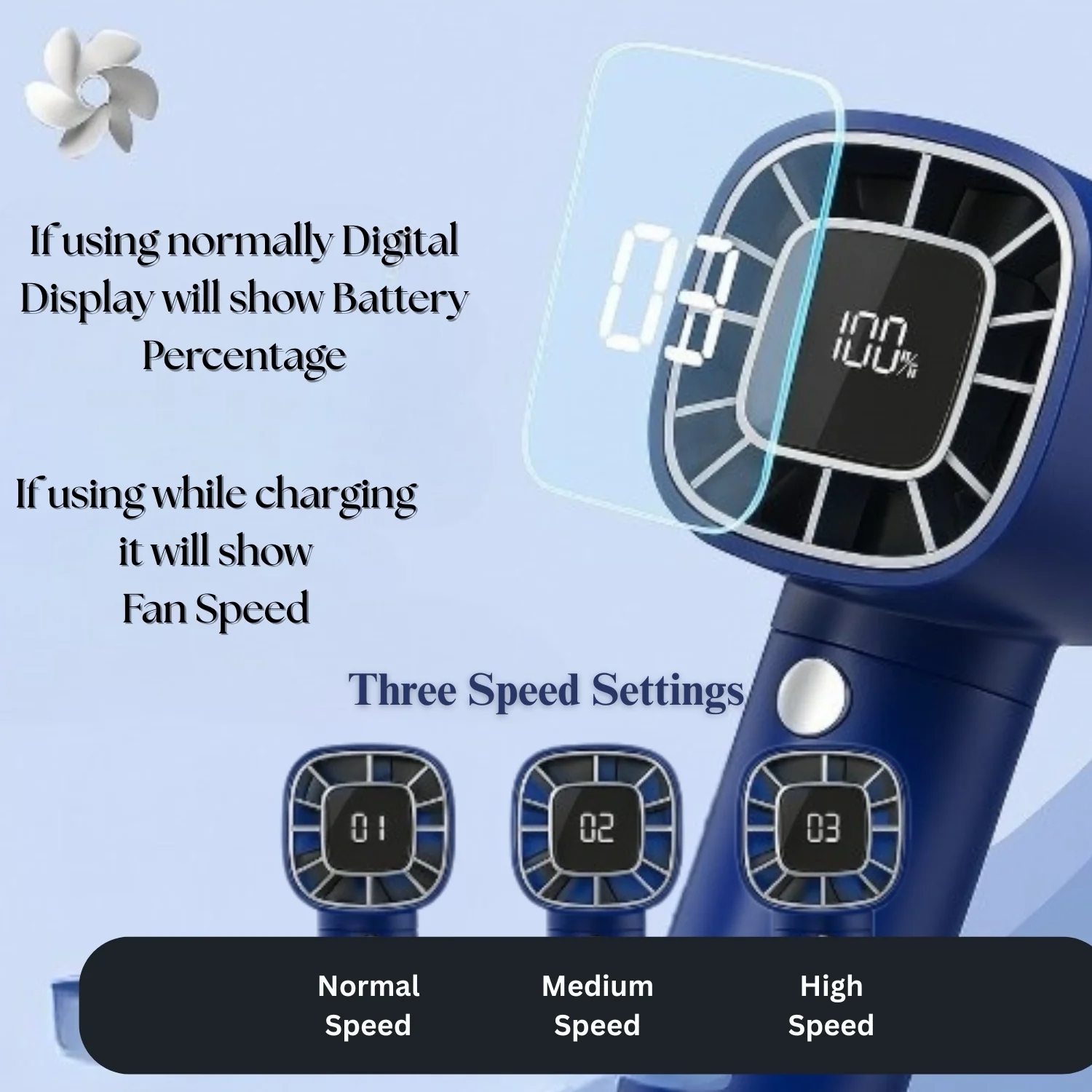 LA' FORTE Mini Portable Fan | Rechargeable Handheld Fan | 3-Speed Wind Control | Digital Display | 1200mAh Battery | Compact & Powerful | Blue