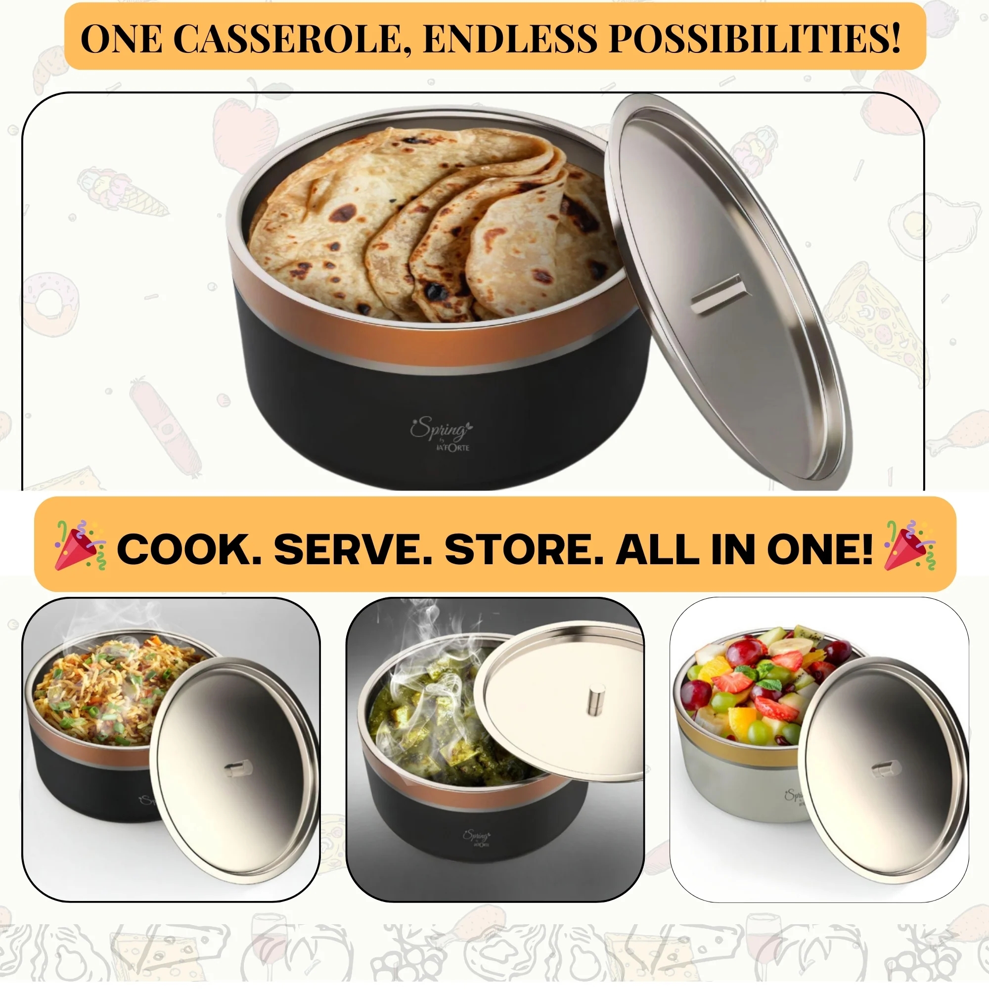 Double Wall Stainless Steel Casserole with Lid | 1200ml Capacity (1700ml Without Lid) | Food-Grade Steel | Multipurpose Serving Bowl | Black & Beige