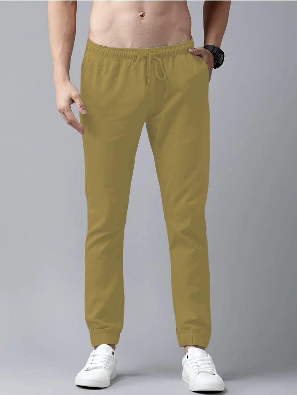 Cream Cotton Blend Solid Mens slim fit Joggers