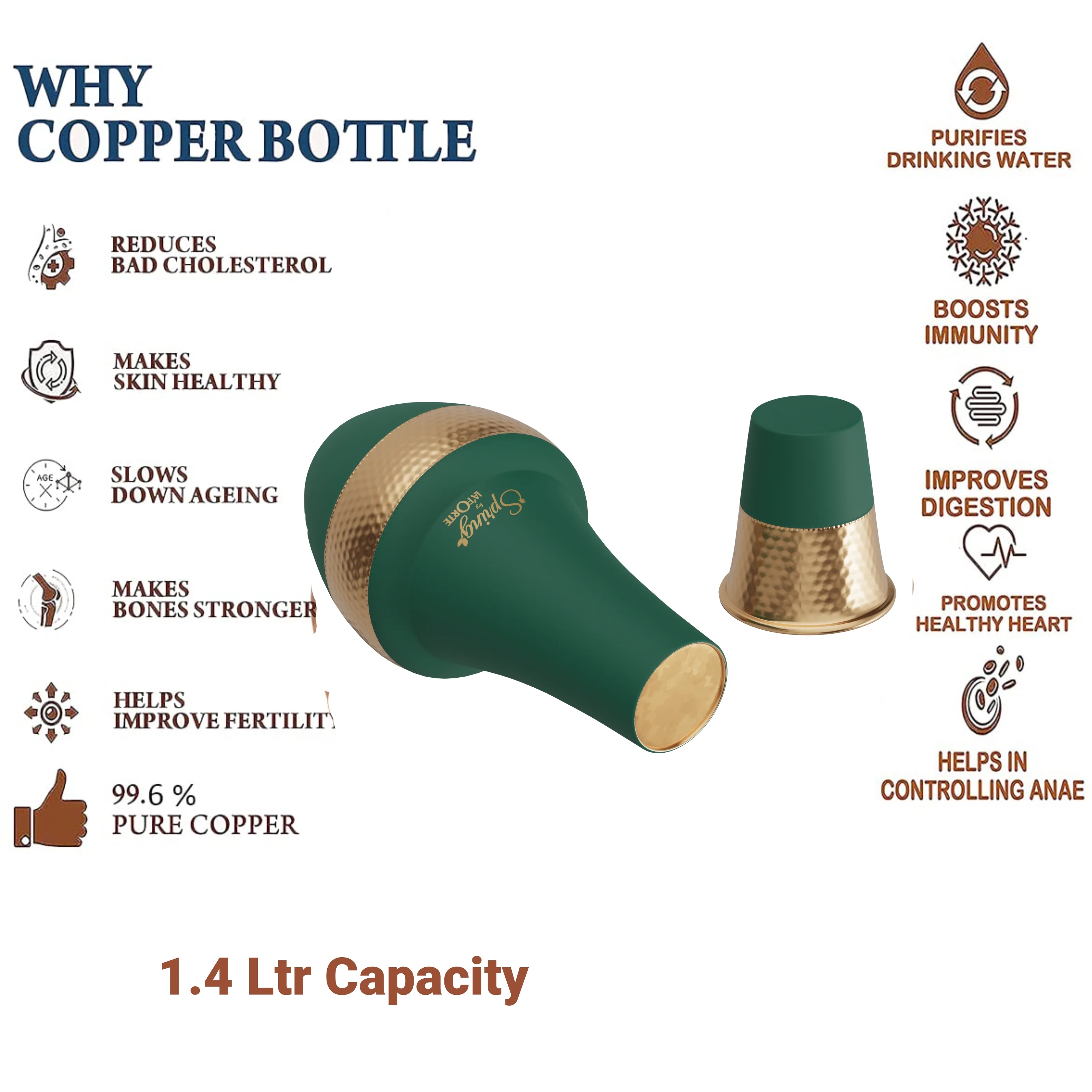 LA'FORTE Copper Bottle Venus Jar 1400 ml (Sea Green)