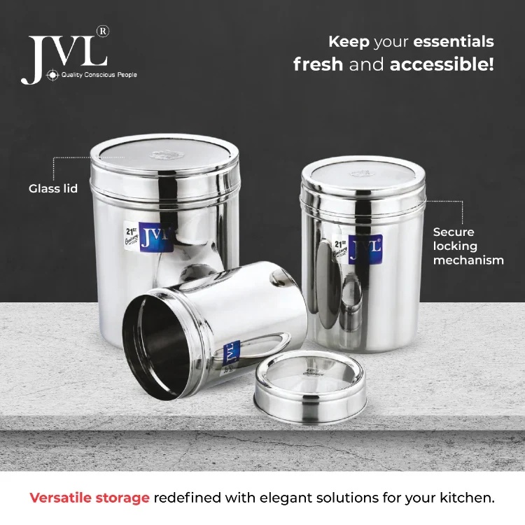 JVL Classicware Vintage Clear Canister Stainless Steel Kitchen Storage Jar with Glass Lid Airtight, Mirror Polish Finish Ideal for Tea, Coffee, Sugar, Spices (450 ML)
