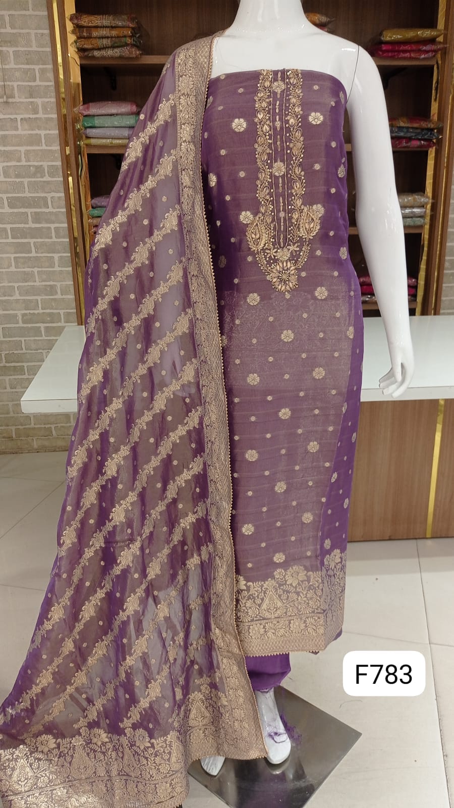 soft banarsi shimmer silk self weaved with beautiful neck work