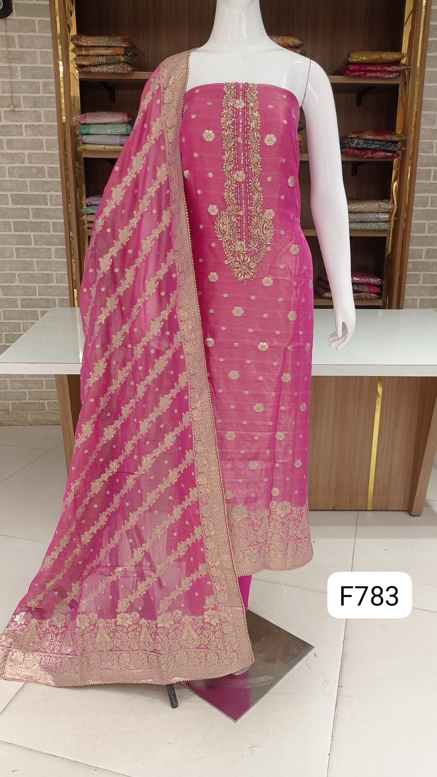 soft banarsi shimmer silk self weaved with beautiful neck work