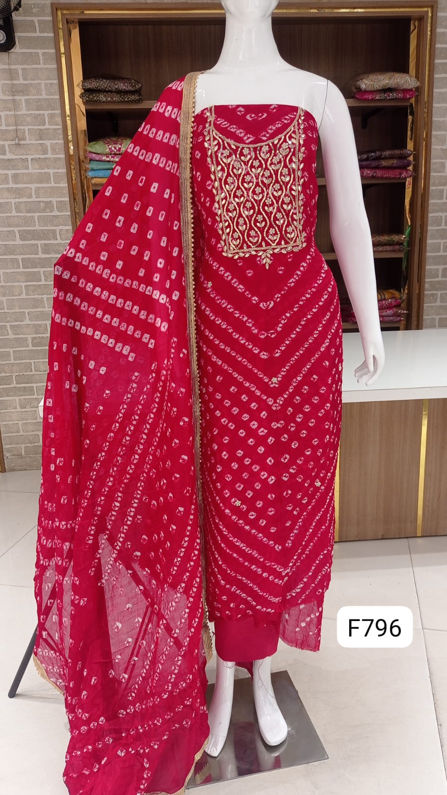 Bandhani silk dress material with beautiful neck sequence work 