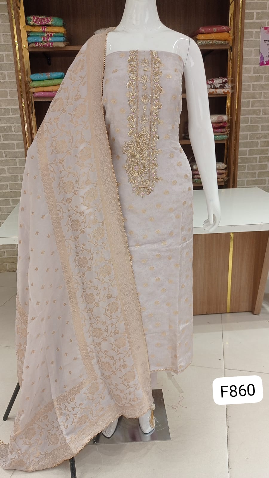 Banarsi silk dress material with beautiful neck hand work 