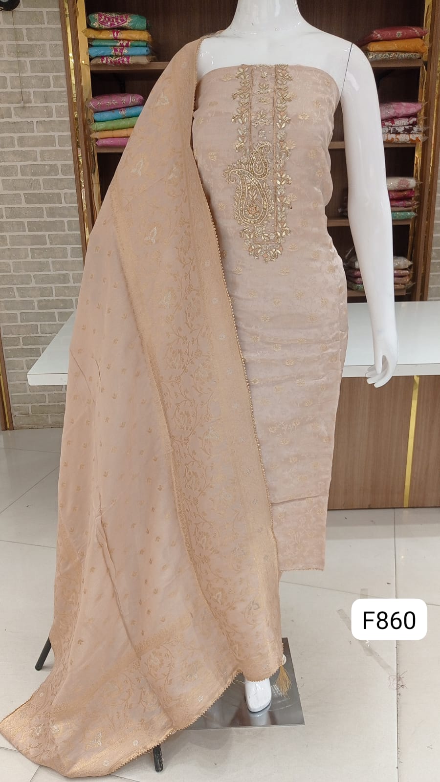 Banarsi silk dress material with beautiful neck hand work 