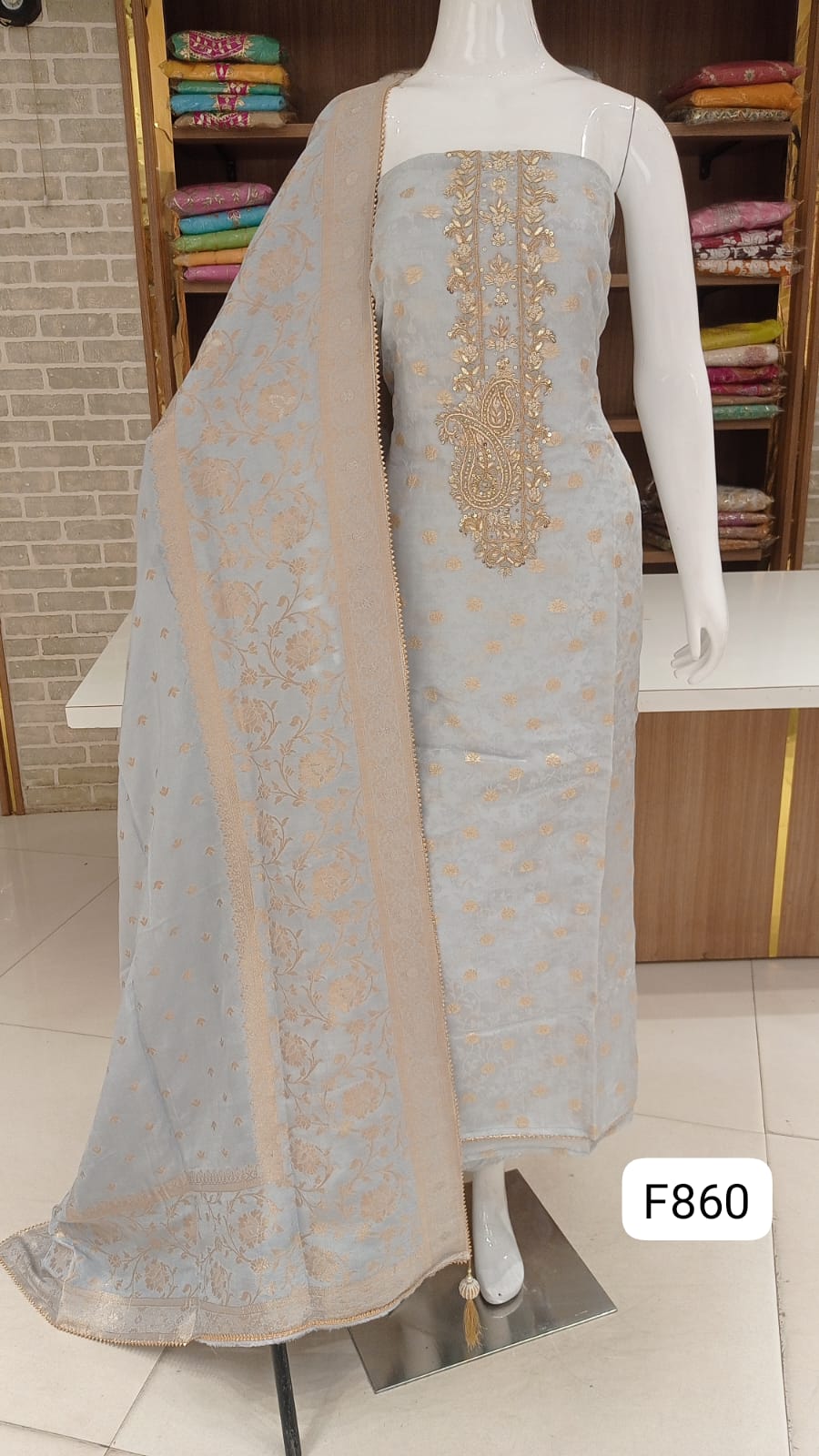 Banarsi silk dress material with beautiful neck hand work 