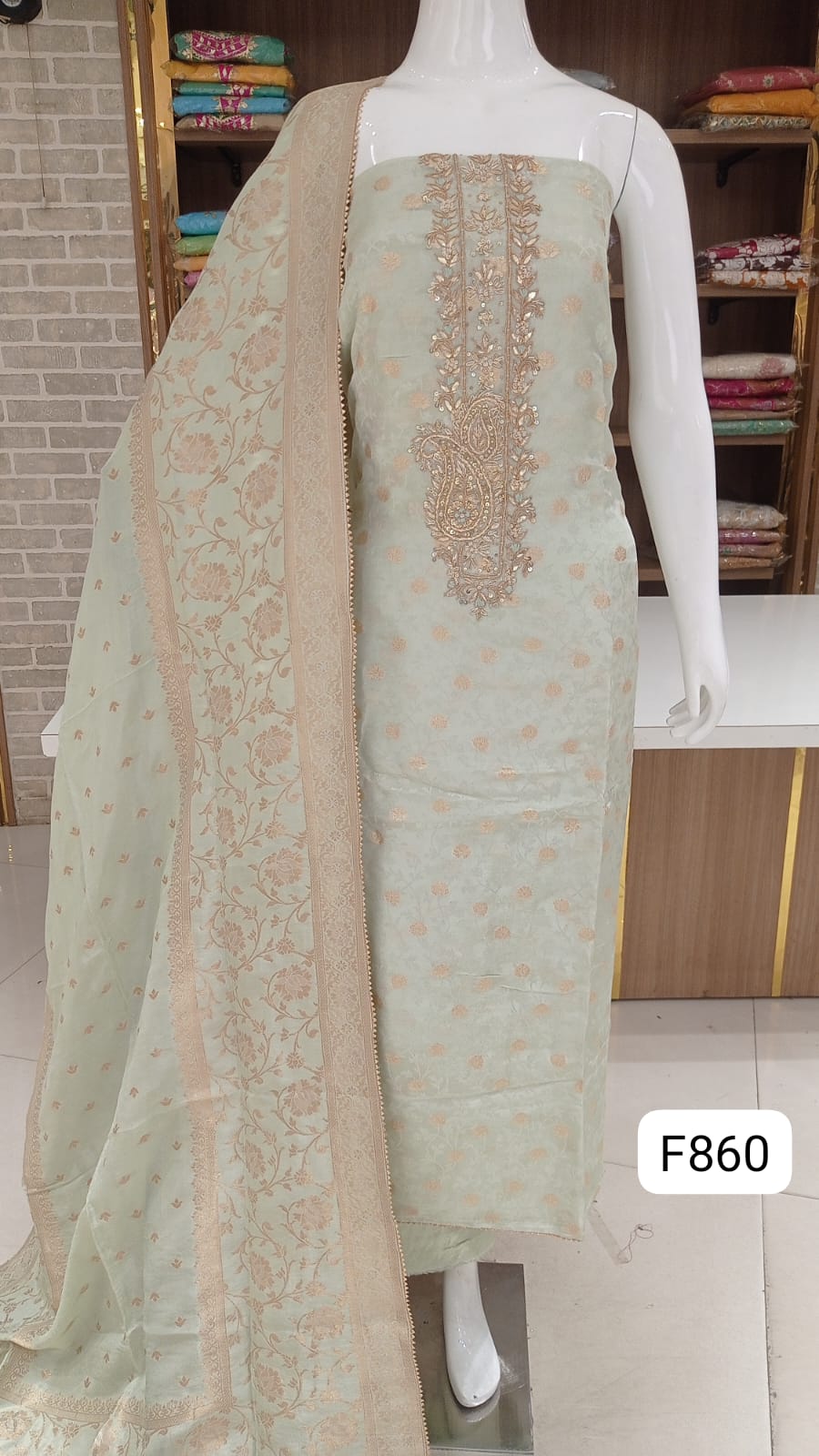 Banarsi silk dress material with beautiful neck hand work 