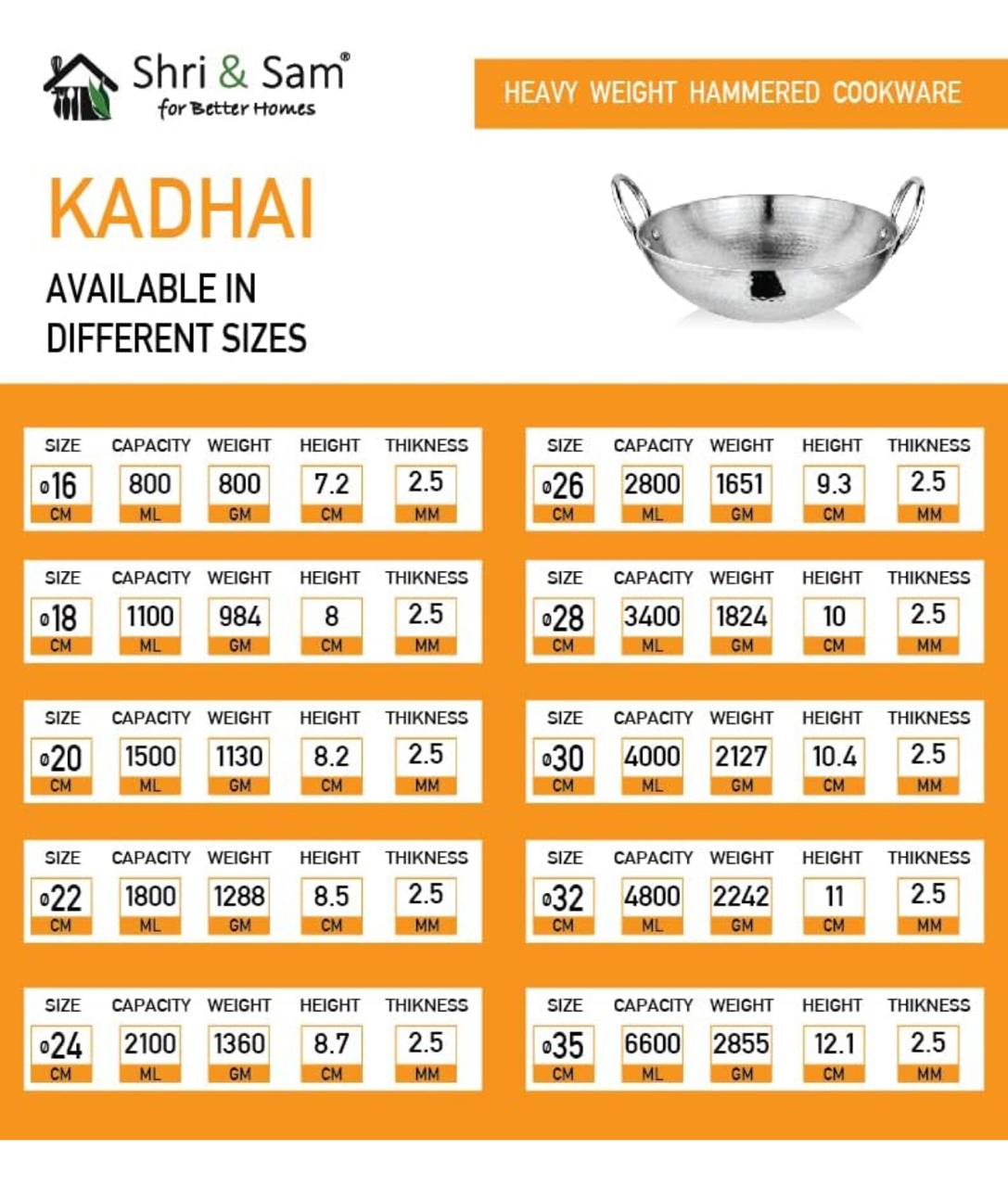 Shri & Sam Stainless Steel Heavy Weight Hammered Kadhai, 2.5 mm