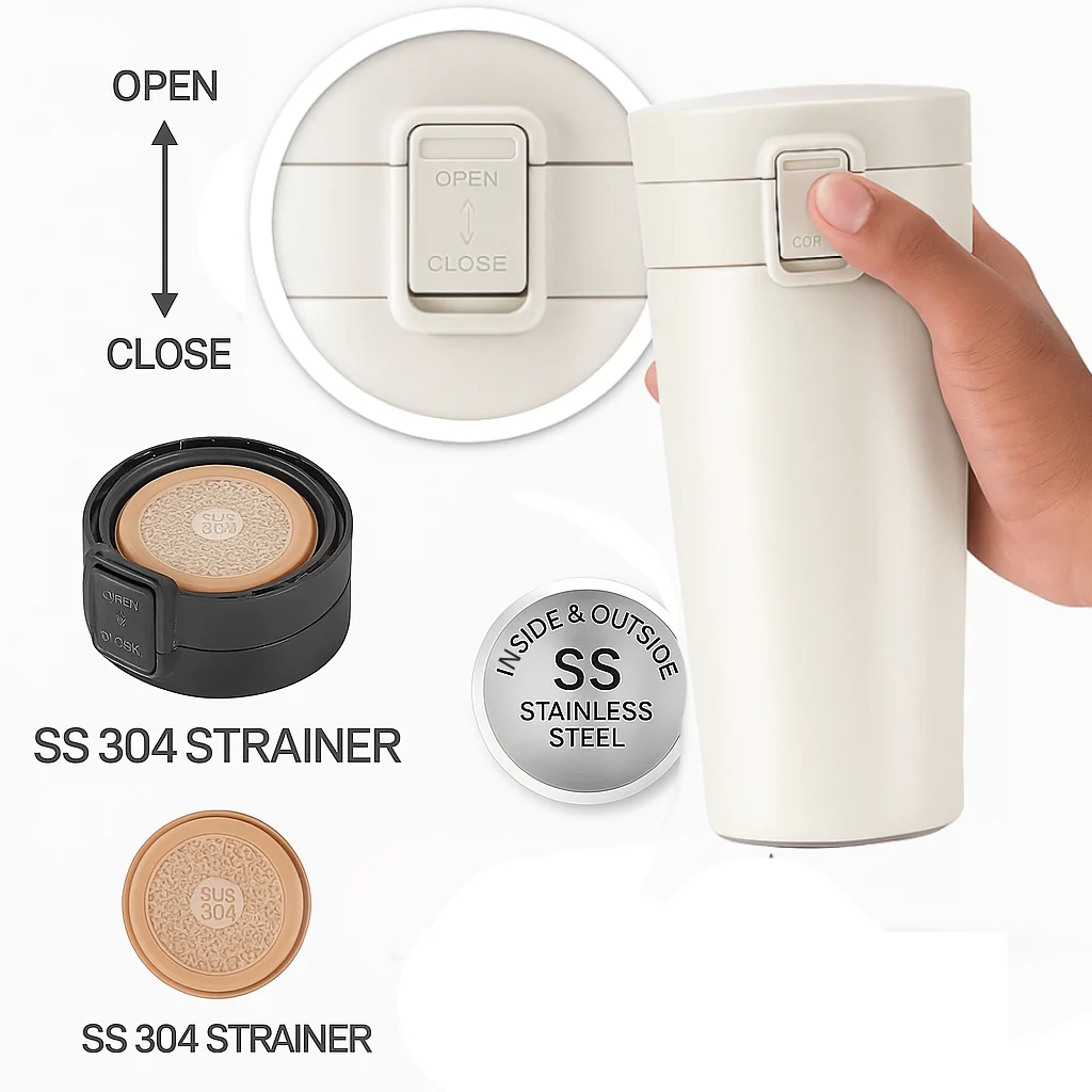 400ml Stainless Steel Vacuum Insulated Tumbler | Leak-Proof Lid | Hot for 4 Hrs & Cold for 5 Hrs | SS304 | Office, Travel, Gym, Home Use