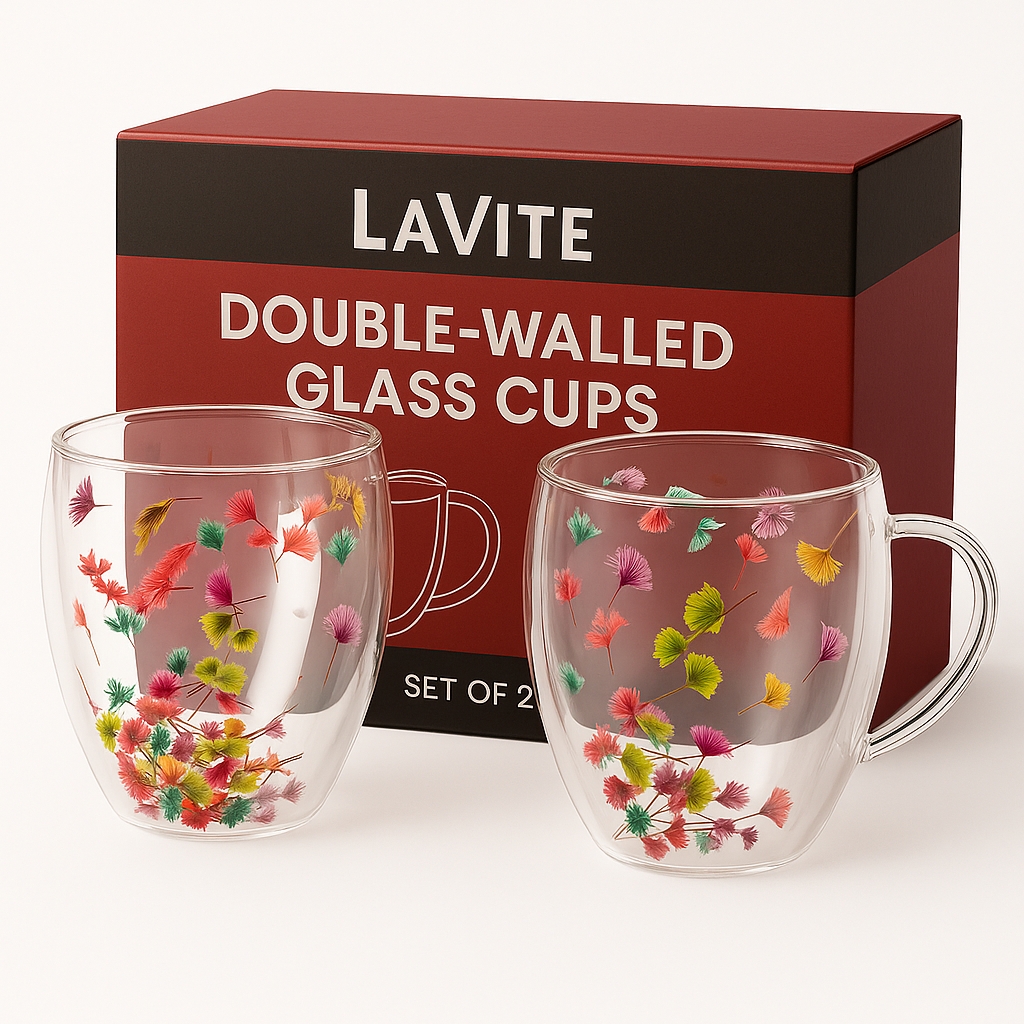 250ml Double-Walled Borosilicate Glass Cups | Transparent Insulated Coffee Mugs for Hot & Cold Beverages (Set of 2)