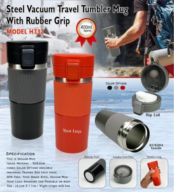 Steel Vacuum Tumbler Mug with Rubber Grip