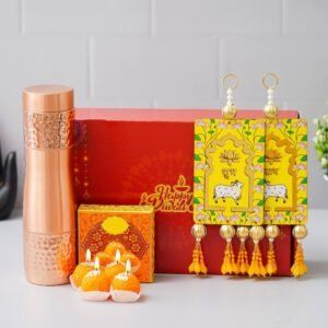 1 Copper Bottle (900ML) – 4 Ladoo Candles – Pair of Shubh Labh Hanging