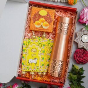 1 Copper Bottle (900ML) – 4 Ladoo Candles – Pair of Shubh Labh Hanging