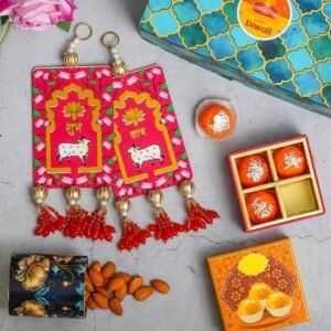 150gms Almonds in Tin jar, 4 Ladoo candles with Shubh Labh hanging