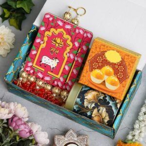 150gms Almonds in Tin jar, 4 Ladoo candles with Shubh Labh hanging